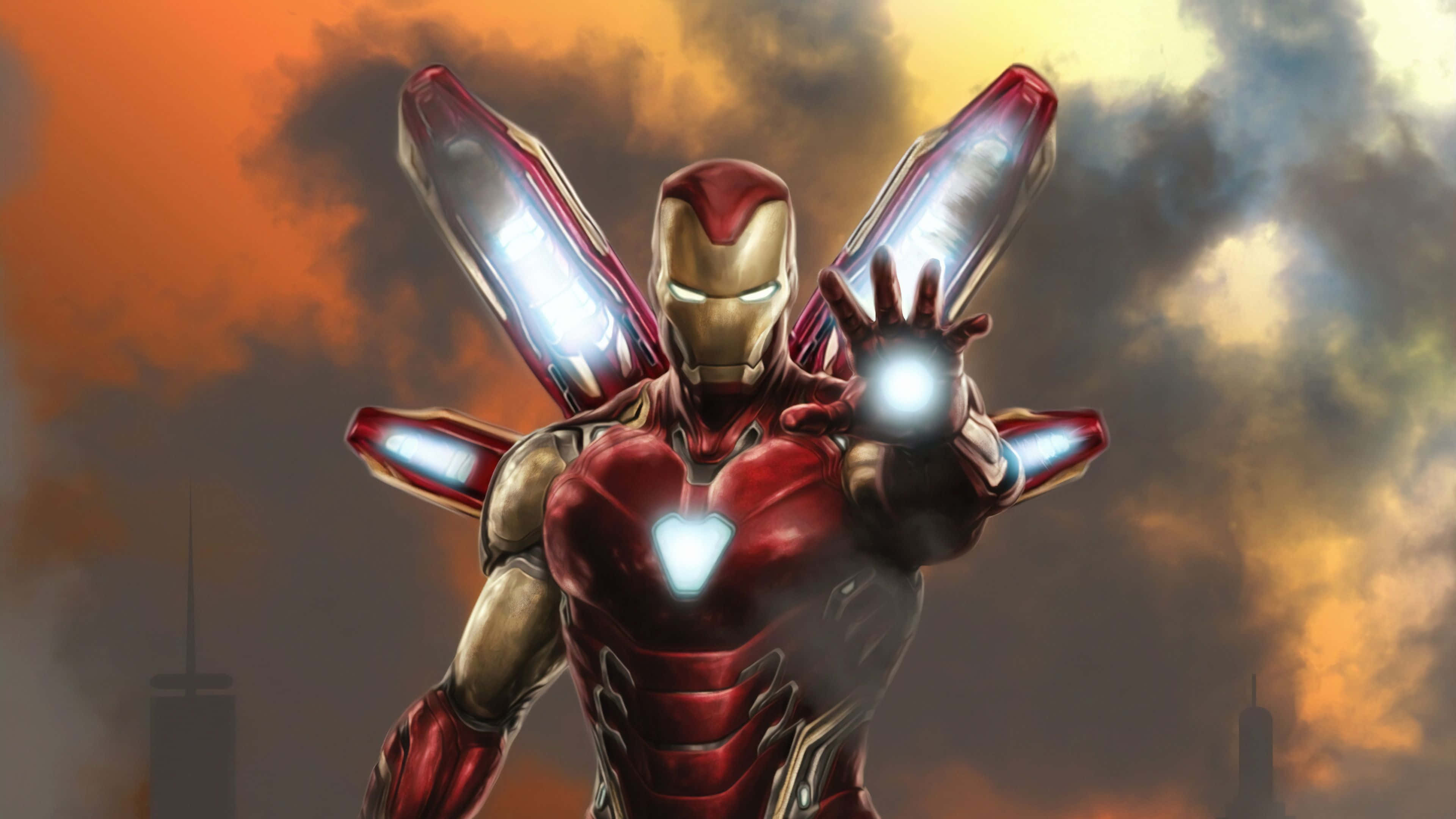 Iron Man Suit 桌布 壁紙 — 鋼鐵人英雄式站立，斥力光束發光，背景是城市上空火橙色和灰色的暴風雨天空。