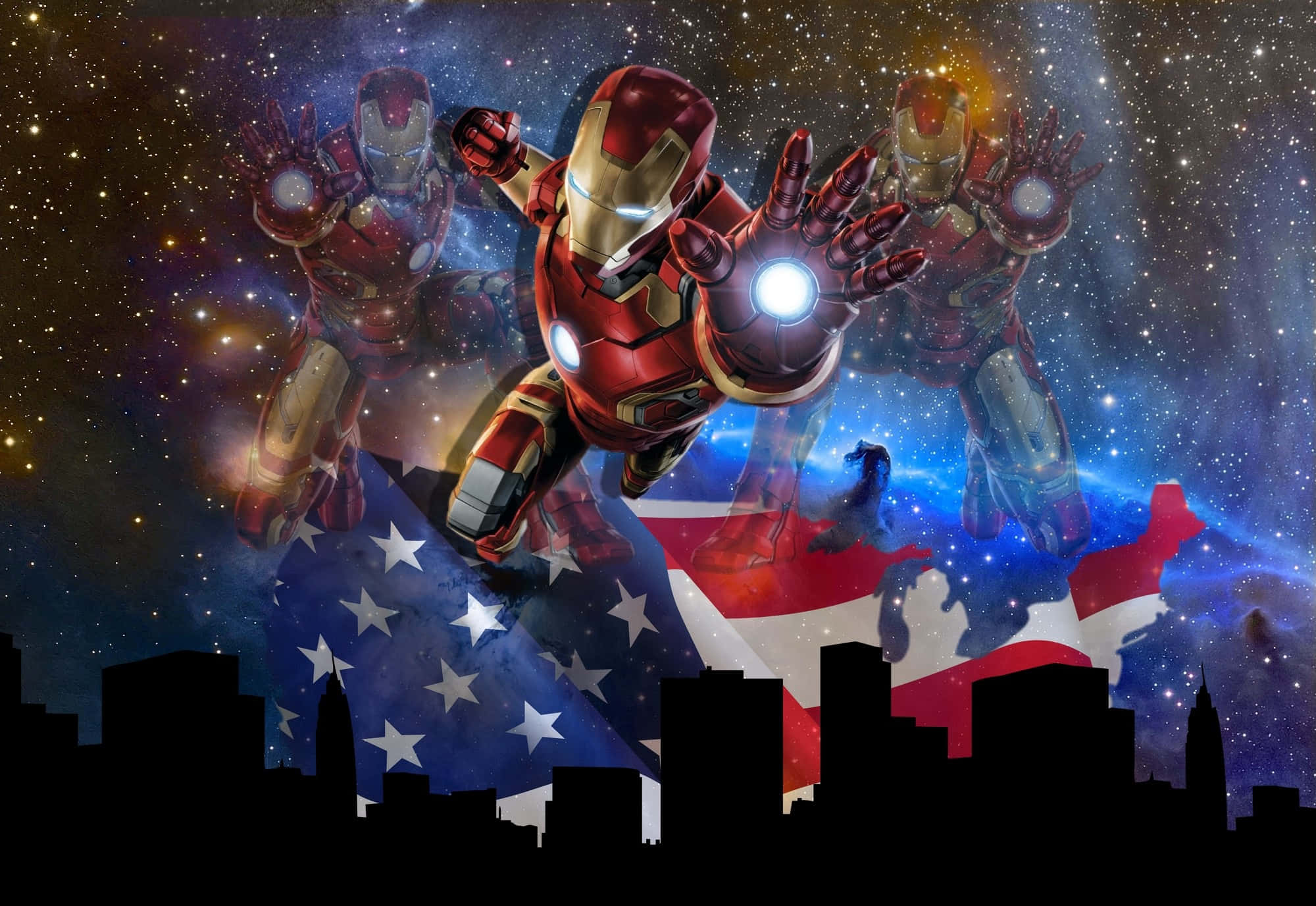Best Iron Man 桌布 壁紙 — 鋼鐵人英雄般地飛過滿天星斗的天空，下方城市天際線中美國國旗飄揚。
