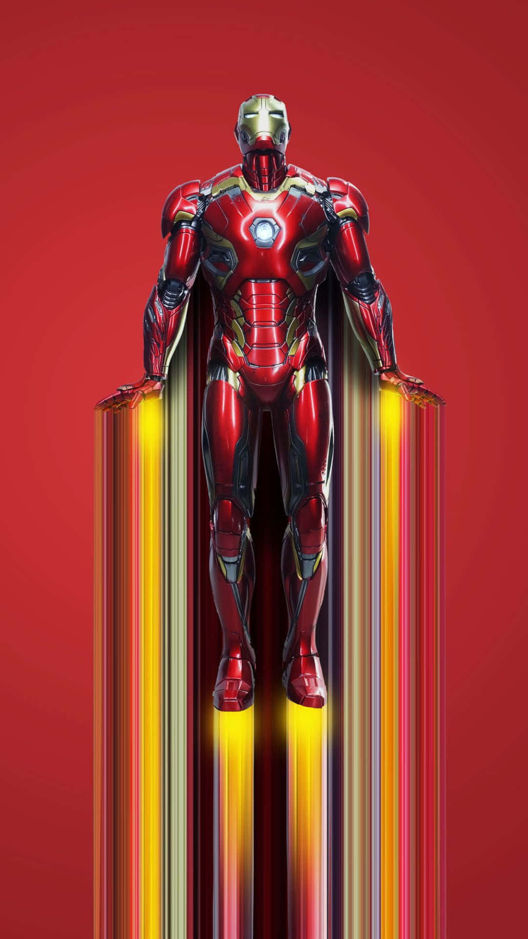 Android Iron Man 桌布 壁紙 — 鋼鐵人蓄勢待發，發光的斥力炮向下射擊，背景為大膽的紅色。