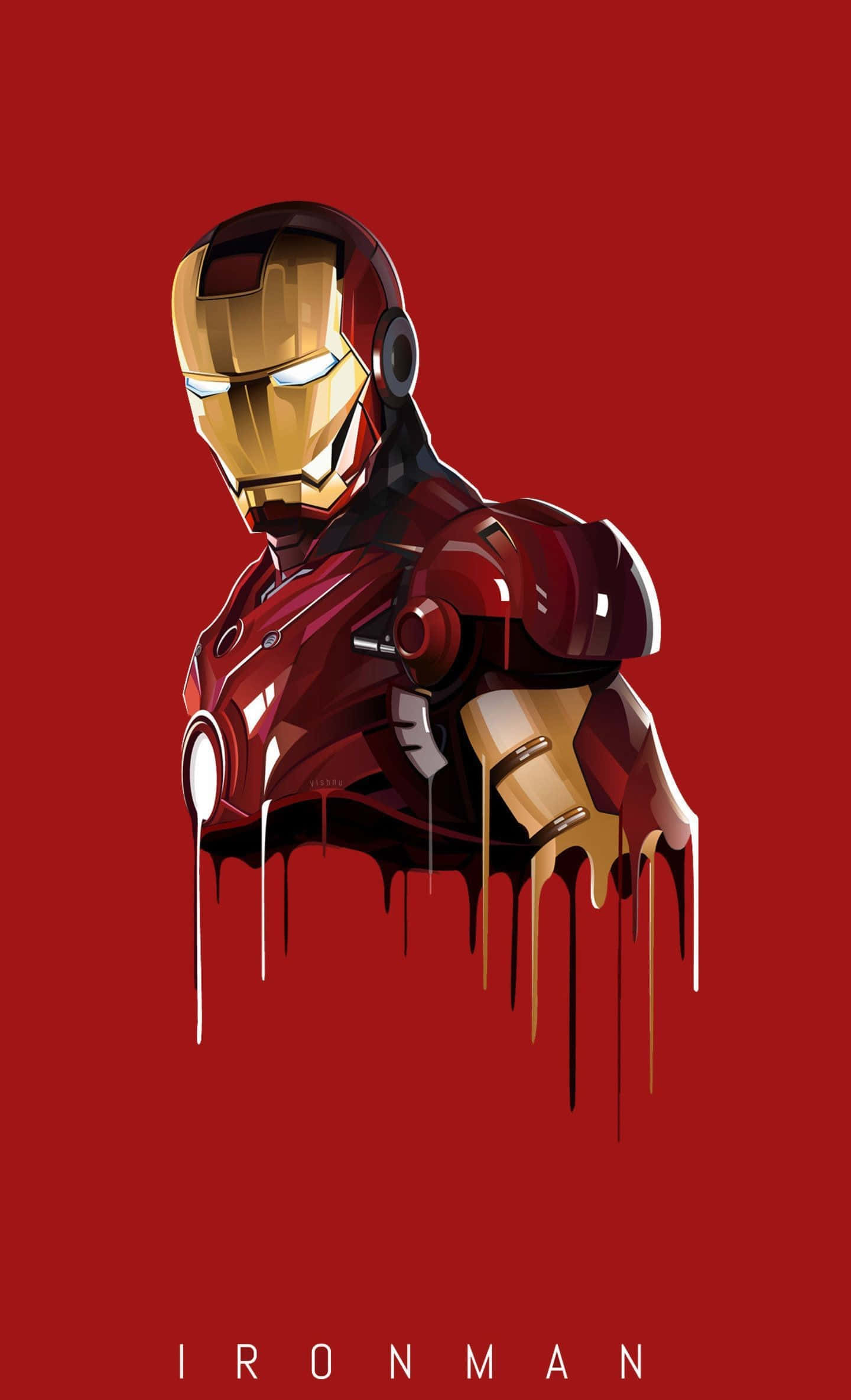Iron Man Art 桌布 壁紙 — 鋼鐵人裝甲像熔化的金屬滴落，在鮮紅色背景上的風格化數位插圖。