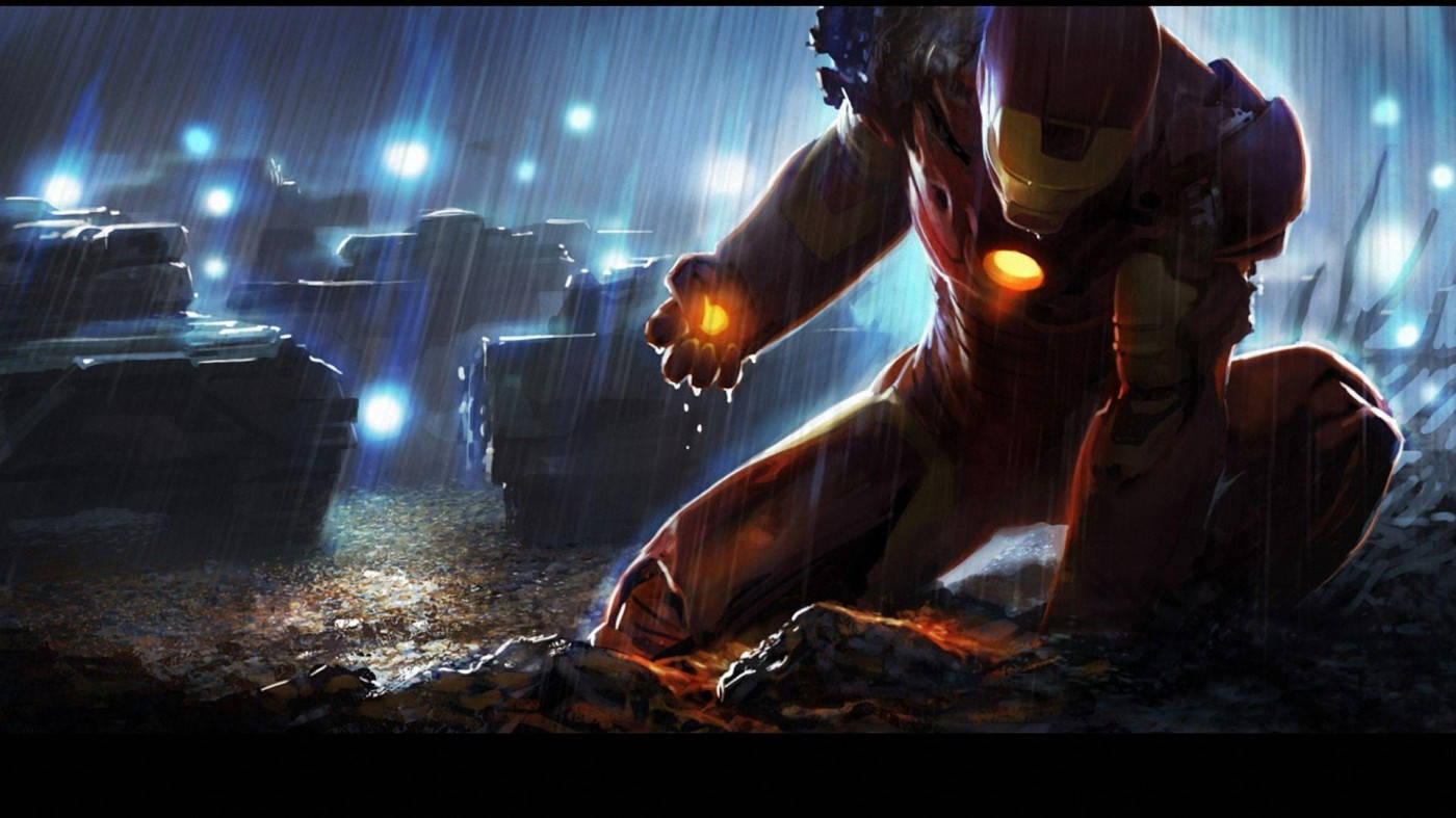 鋼鐵人 桌布 壁紙 — 鋼鐵人跪在雨光照耀的瓦礫中，手持發光球體，藍光穿透暴風雨之夜。