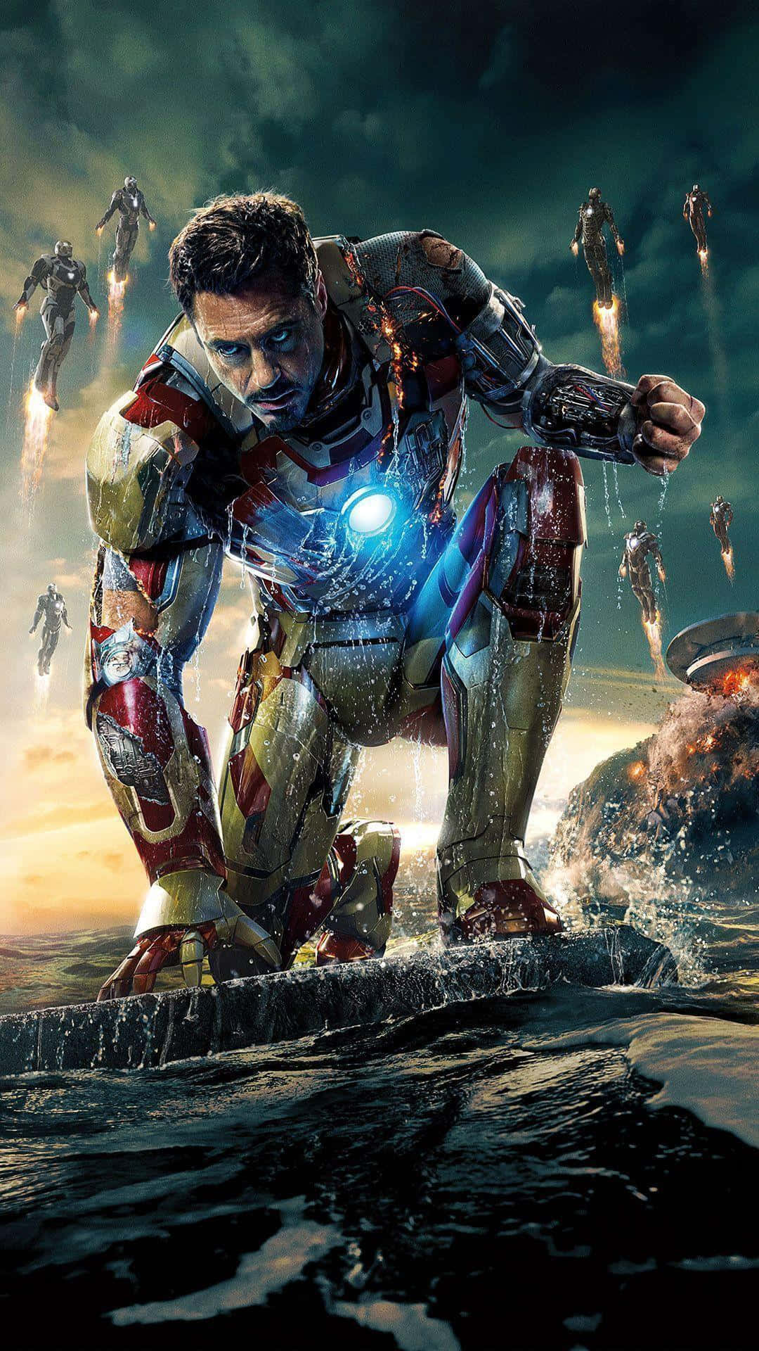 Best Iron Man 桌布 壁紙 — 鋼鐵人蹲在一個破碎的平台上，他的裝甲在暴風雨的天空中發出藍光，其他戰衣在他周圍飛翔。