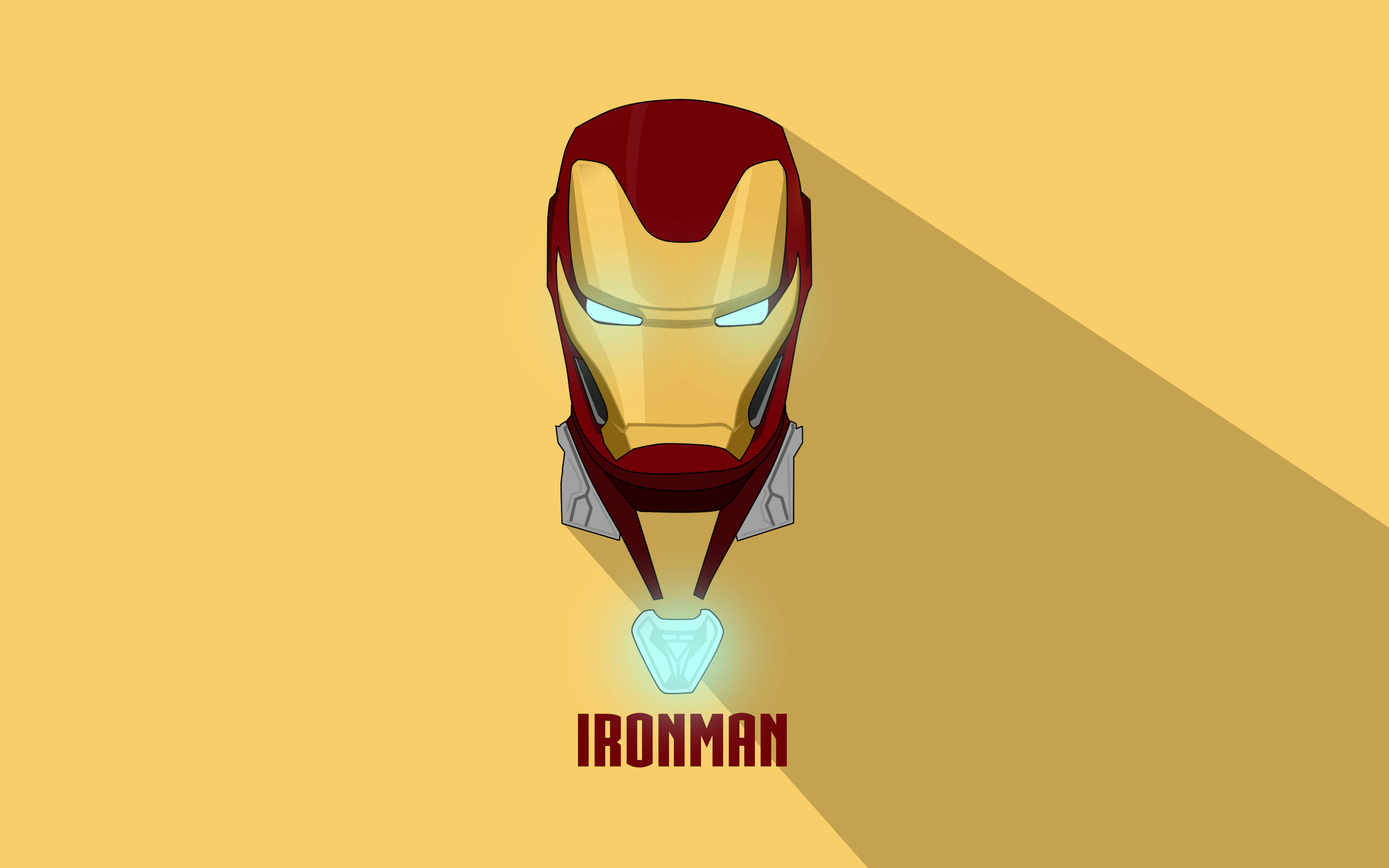 Iron Man Logo 桌布 壁紙 — 鋼鐵人頭盔，帶有發光眼睛和弧形反應器，置於純黃色背景上，帶有長陰影。