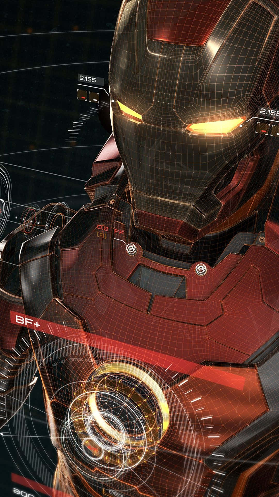 ironman 桌布 壁紙 — 鋼鐵人頭盔特寫，帶有發光眼睛和全息界面，背景為深色。