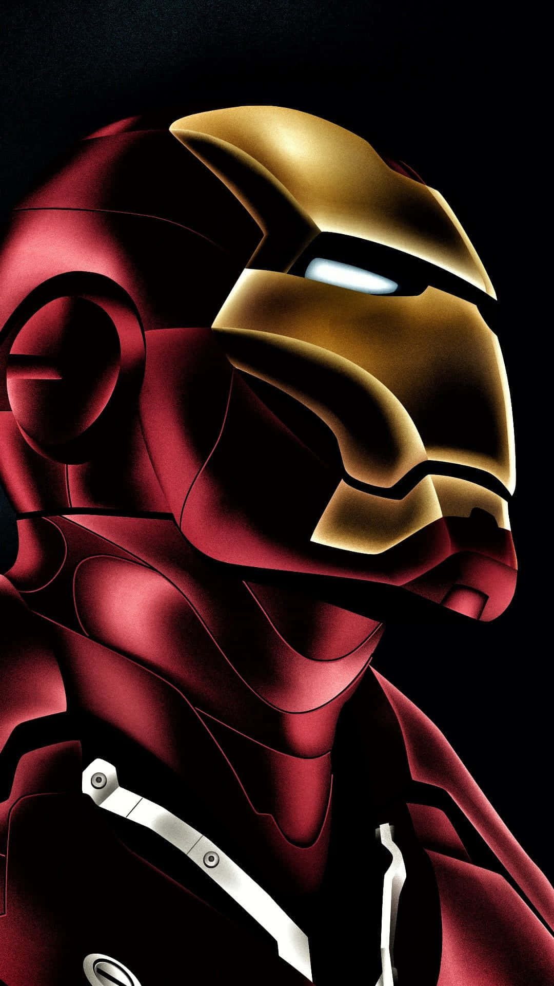 Android Iron Man 桌布 壁紙 — 鋼鐵人頭盔特寫，眼睛發光，黑色背景。