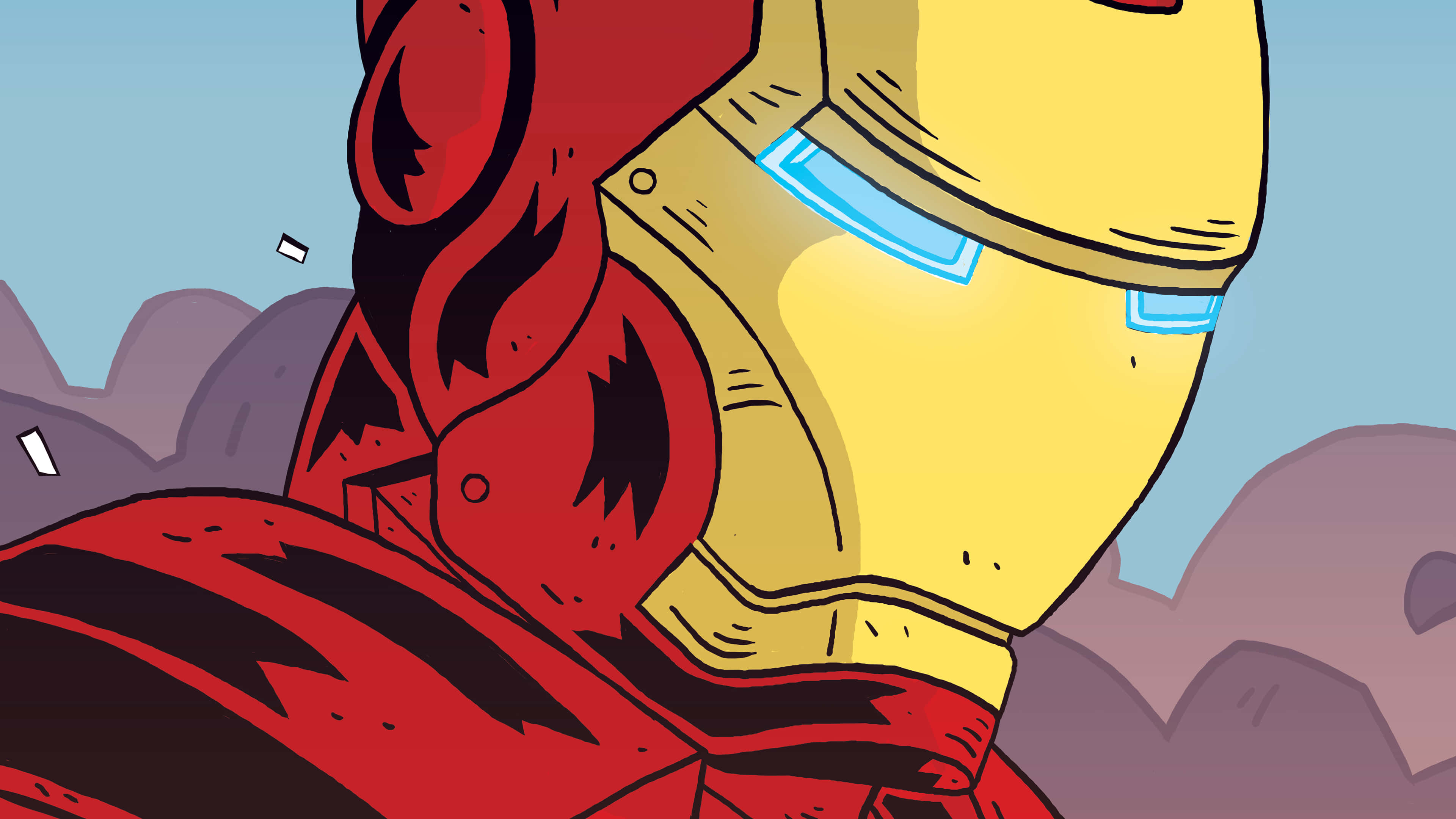 Iron Man Comics 桌布 壁紙 — 鋼鐵人頭盔特寫，藍色發光眼睛，背景為紫色山脈。