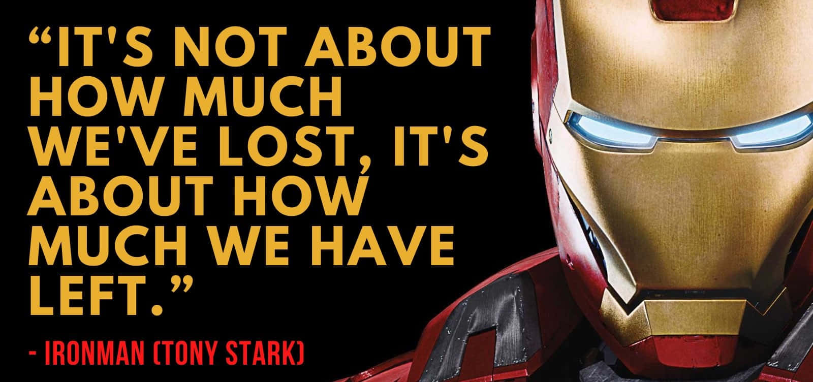 Iron Man Quotes 桌布 壁紙 — 鋼鐵人頭盔特寫，藍色發光眼睛，黑色背景上粗體黃色引文文字。