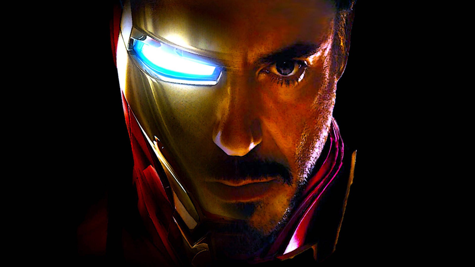 tony stark 桌布 壁紙 — 鋼鐵人頭盔特寫，藍色眼睛在黑暗背景中發光。