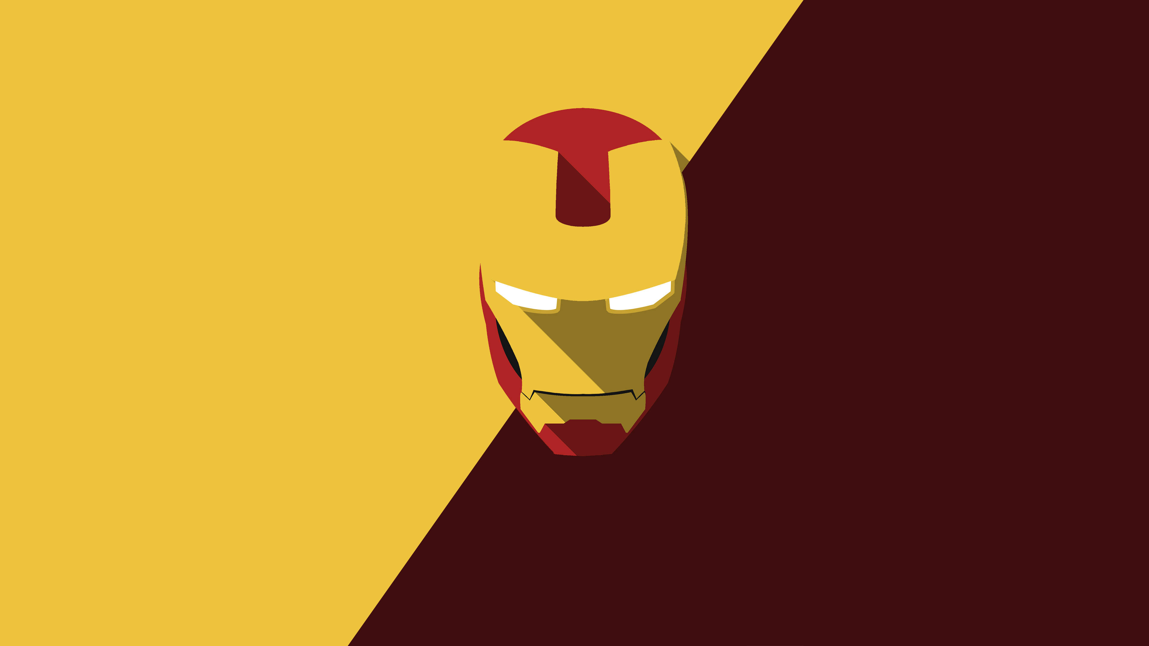 Iron Man Logo 桌布 壁紙 — 鋼鐵人頭盔的極簡平面設計，以對角線分割，背景為黃色和栗色。