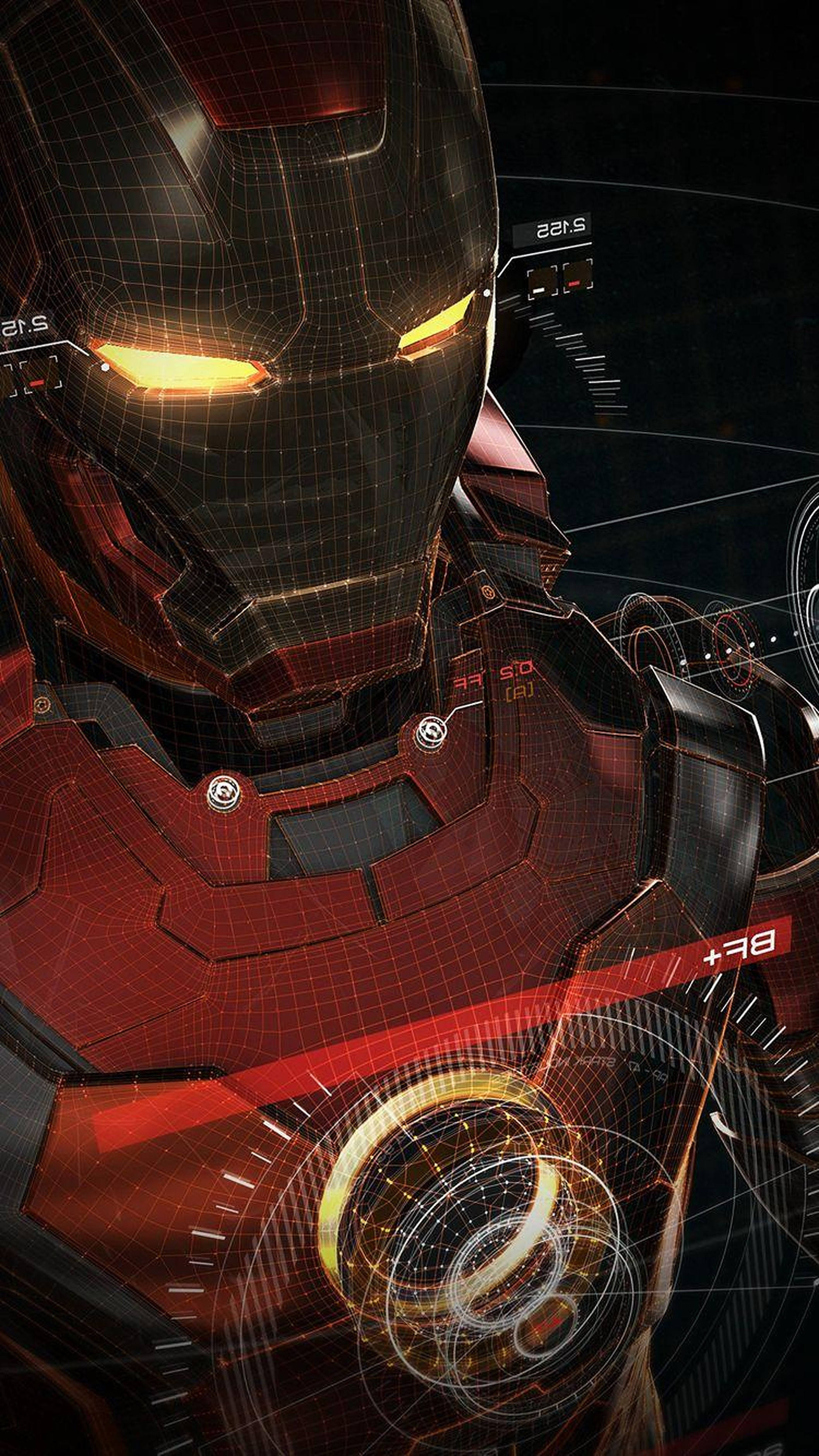 avengers android 桌布 壁紙 — 鋼鐵人頭盔的特寫，帶有發光的黃色眼睛和紅色裝甲，背景是黑暗的科技介面。