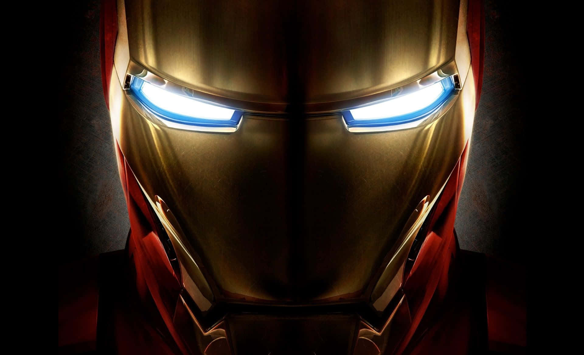 Best Iron Man 桌布 壁紙 — 鋼鐵人頭盔的特寫，藍色眼睛在黑暗背景中發光。