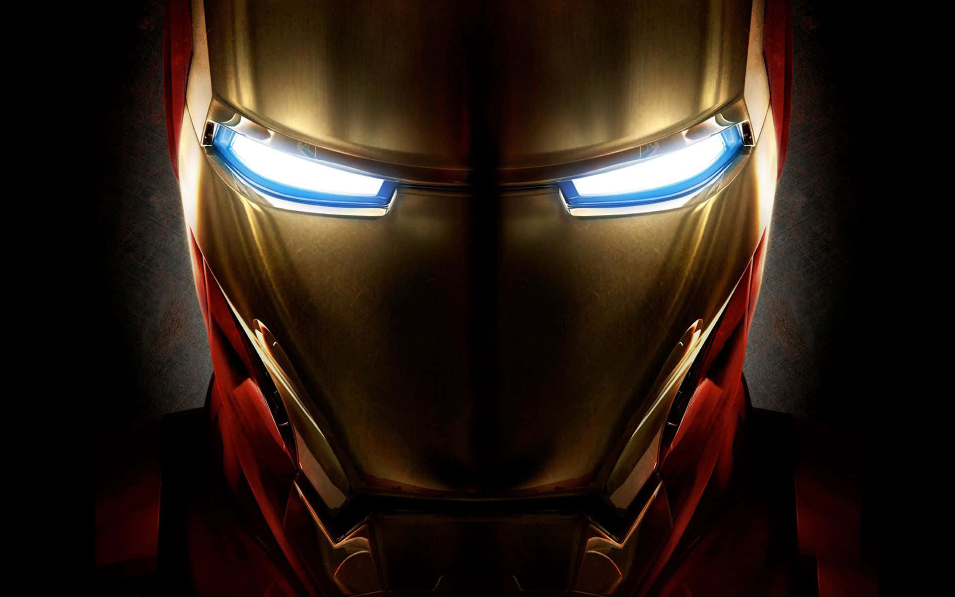 iron man 3 桌布 壁紙 — 鋼鐵人頭盔的特寫，藍色眼睛在黑暗背景中發光。