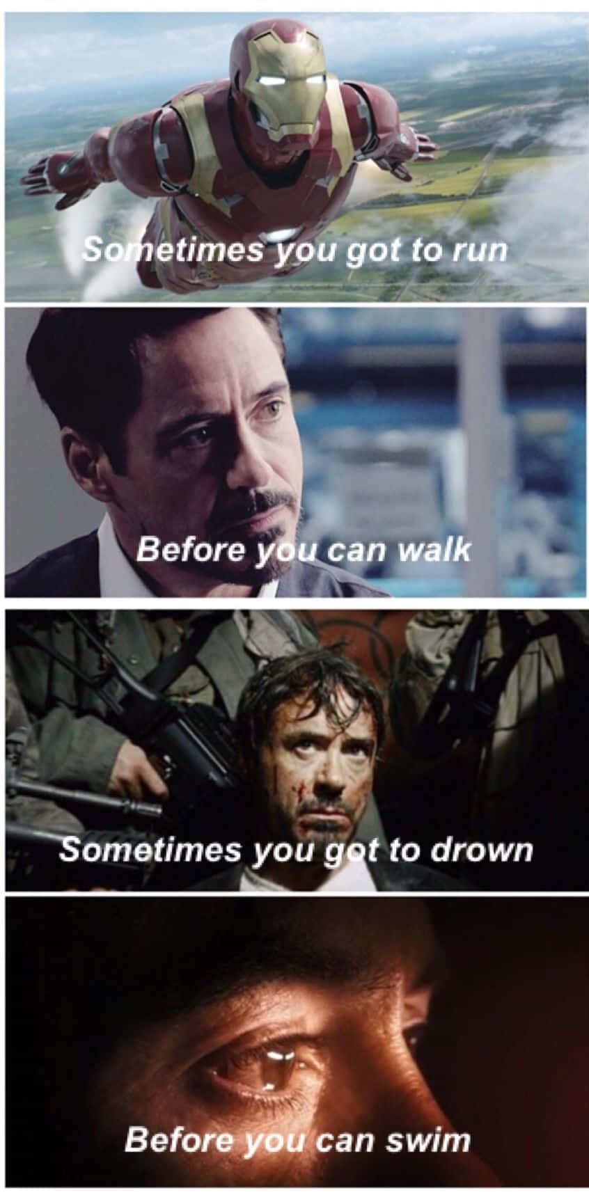 Iron Man Quotes 桌布 壁紙 — 鋼鐵人飛越風景，迷因條顯示東尼史塔克在各種激烈場景中，附有勵志文字覆蓋。