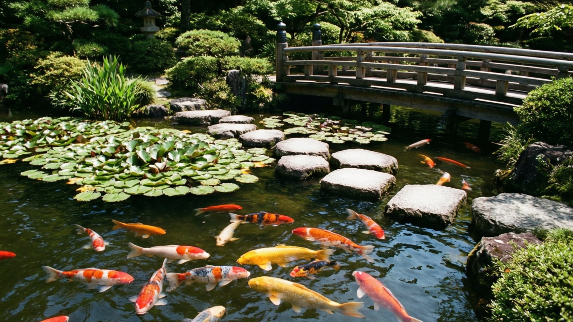 錦鯉池花園 壁紙 — 色彩繽紛的錦鯉在陽光普照的池塘中優雅地游動，池塘上方是一座木橋，四周綠意盎然。