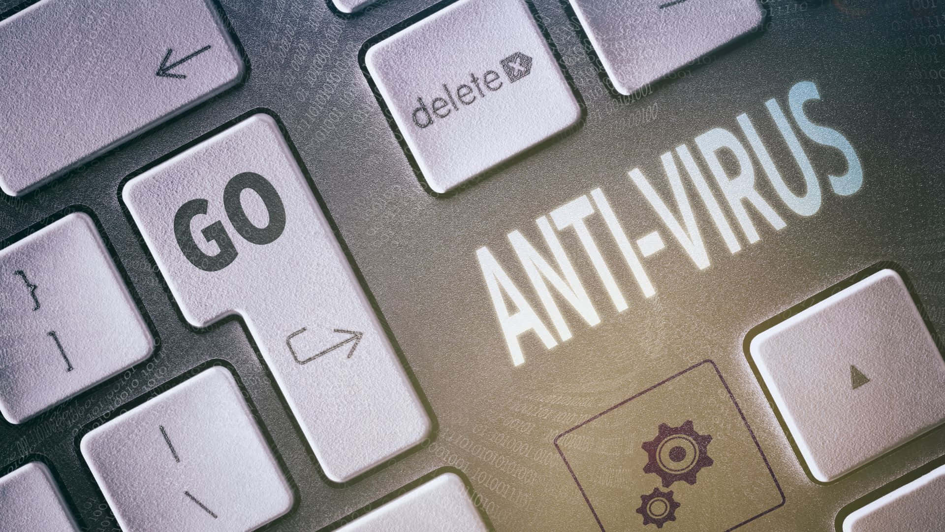 Cursor 桌布 壁紙 — 鍵盤特寫，一個深色按鍵上以發光字體寫有「ANTI-VIRUS」，周圍環繞標準按鍵。