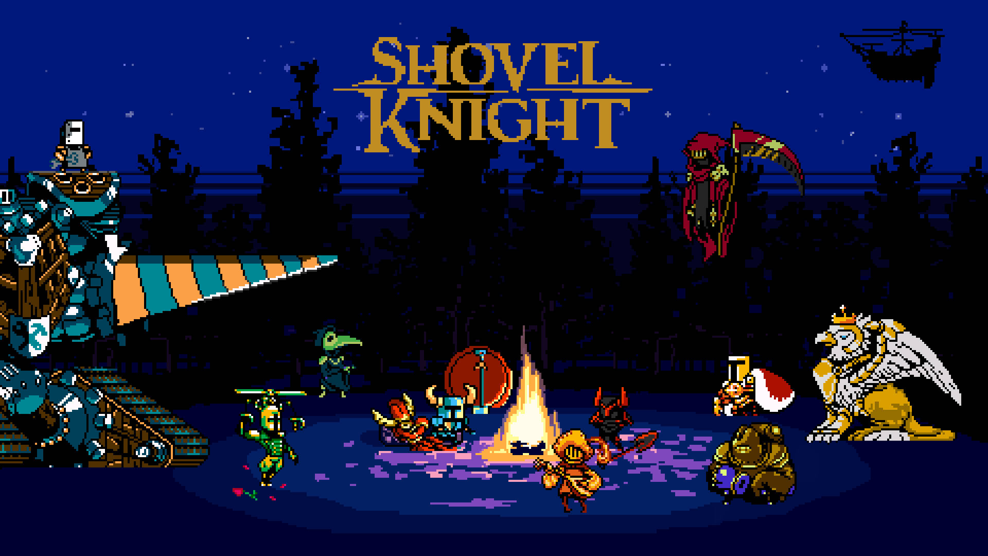 Shovel 桌布 壁紙 — 鏟子騎士的像素藝術角色在星空下圍著營火，遠處有一艘船。