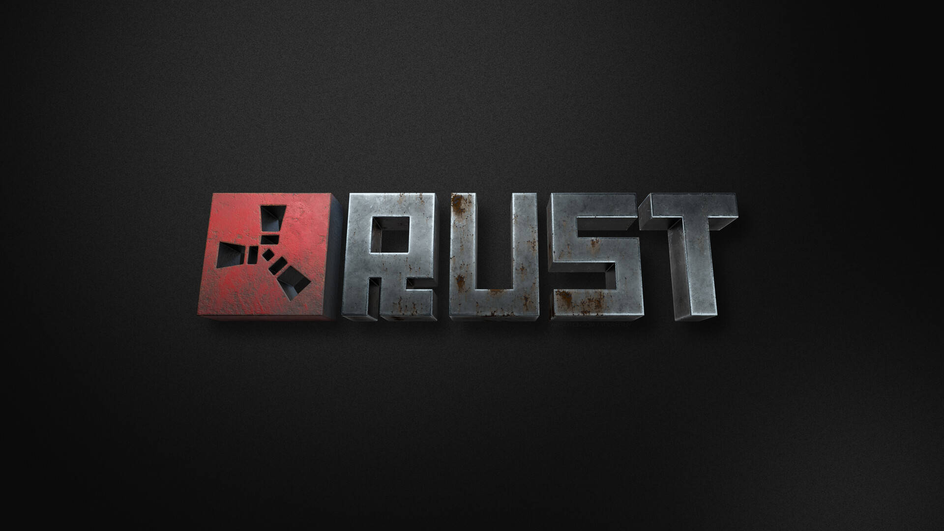 遊戲 桌布 壁紙 — 鏽蝕金屬字母組成的「RUST」字樣，配上紅色標誌方塊，在深色紋理背景上格外突出。