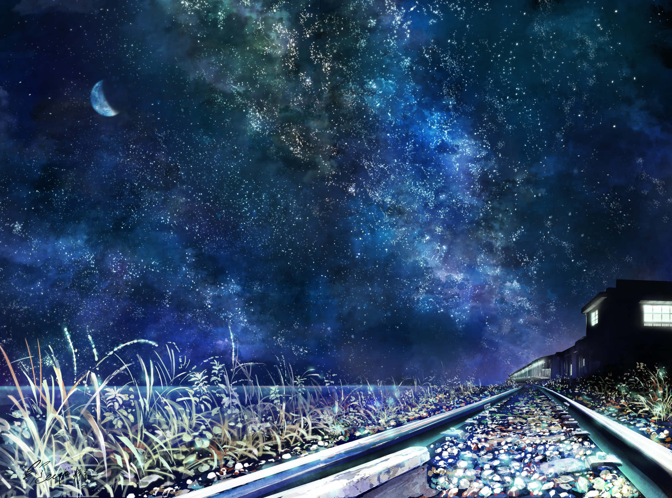 動漫 桌布 壁紙 — 鐵路軌道延伸向一個發光的車站，上方是廣闊的星空夜空，有一彎新月。