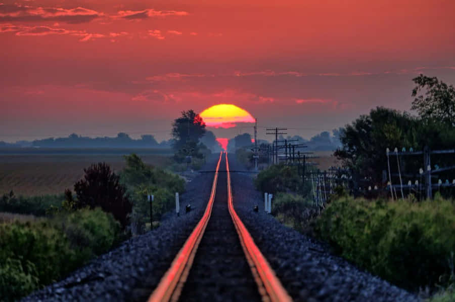 Train Tracks 桌布 壁紙 — 鐵路軌道延伸向鄉村地平線上一輪熾熱的橙色夕陽，天空呈現鮮豔的紅色，田野翠綠。