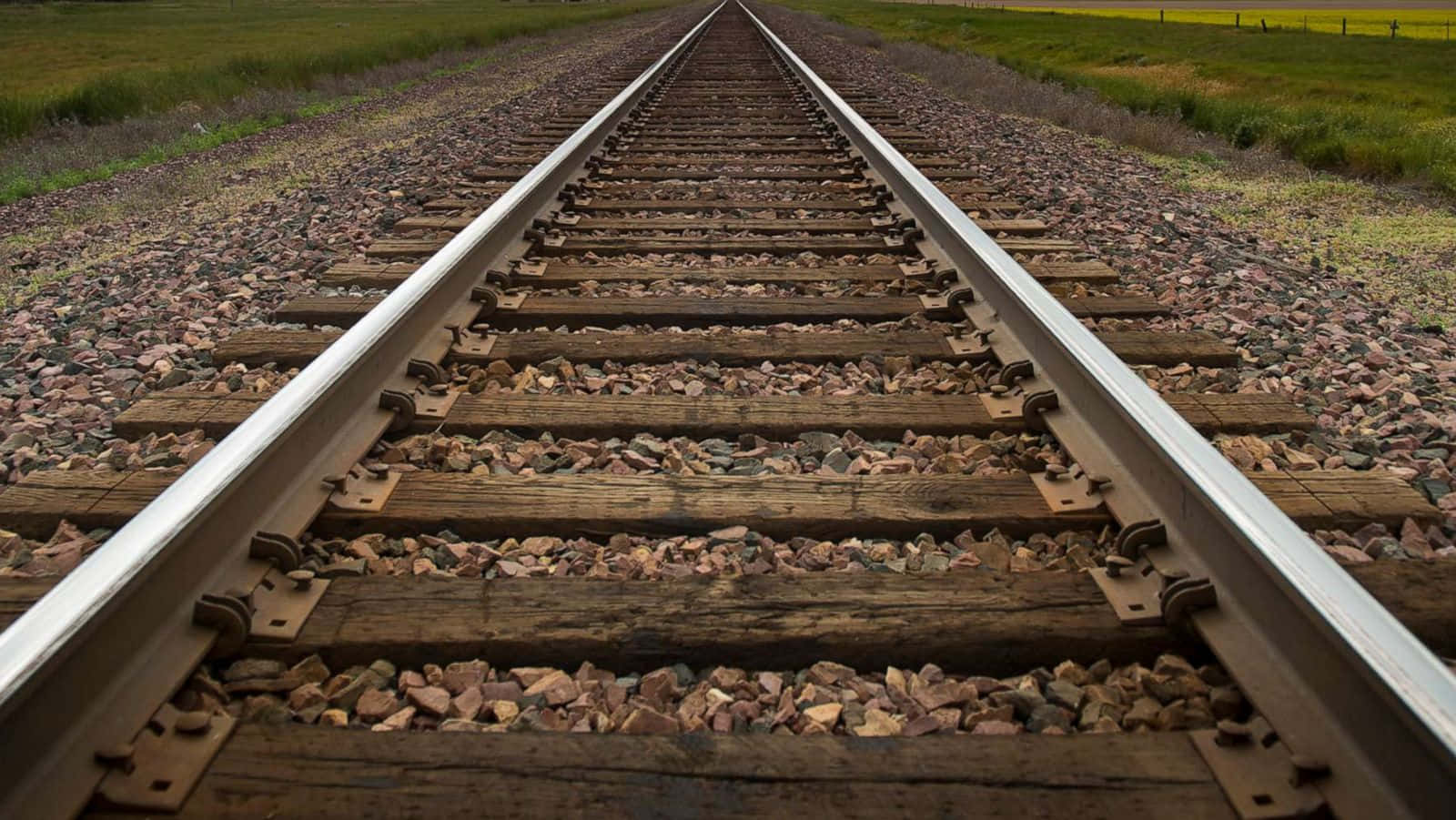 Train Tracks 桌布 壁紙 — 鐵路軌道穿過草地，筆直延伸至遠方，上方是開闊的天空。