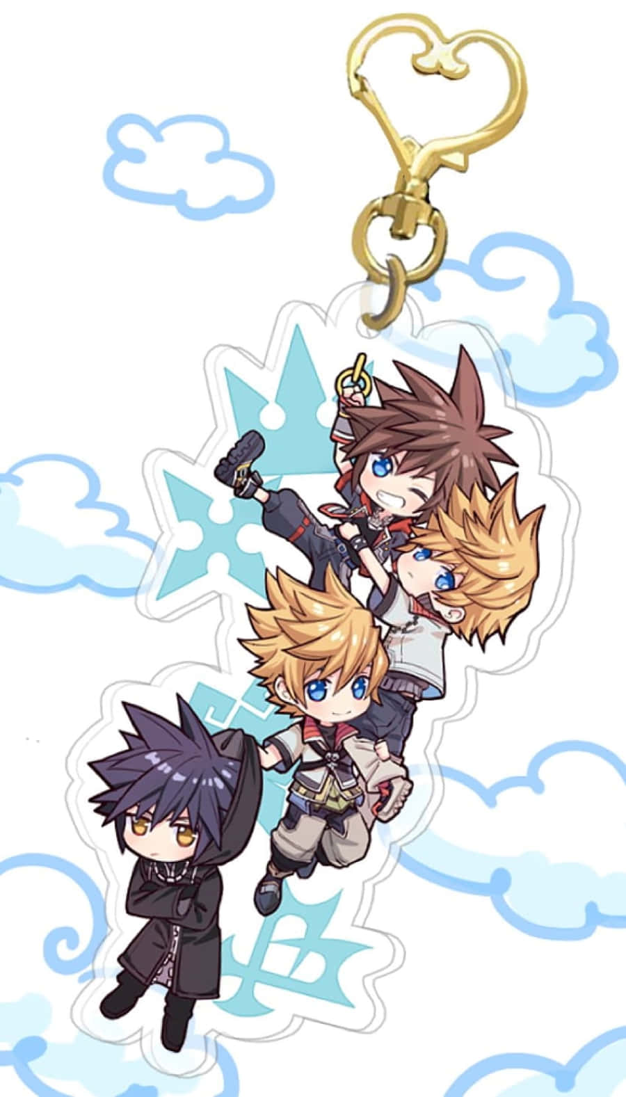 Kingdom Hearts Ventus 桌布 壁紙 — 鑰匙圈上的Q版動漫角色，配有雲朵和心形扣環，背景為淺藍色天空。