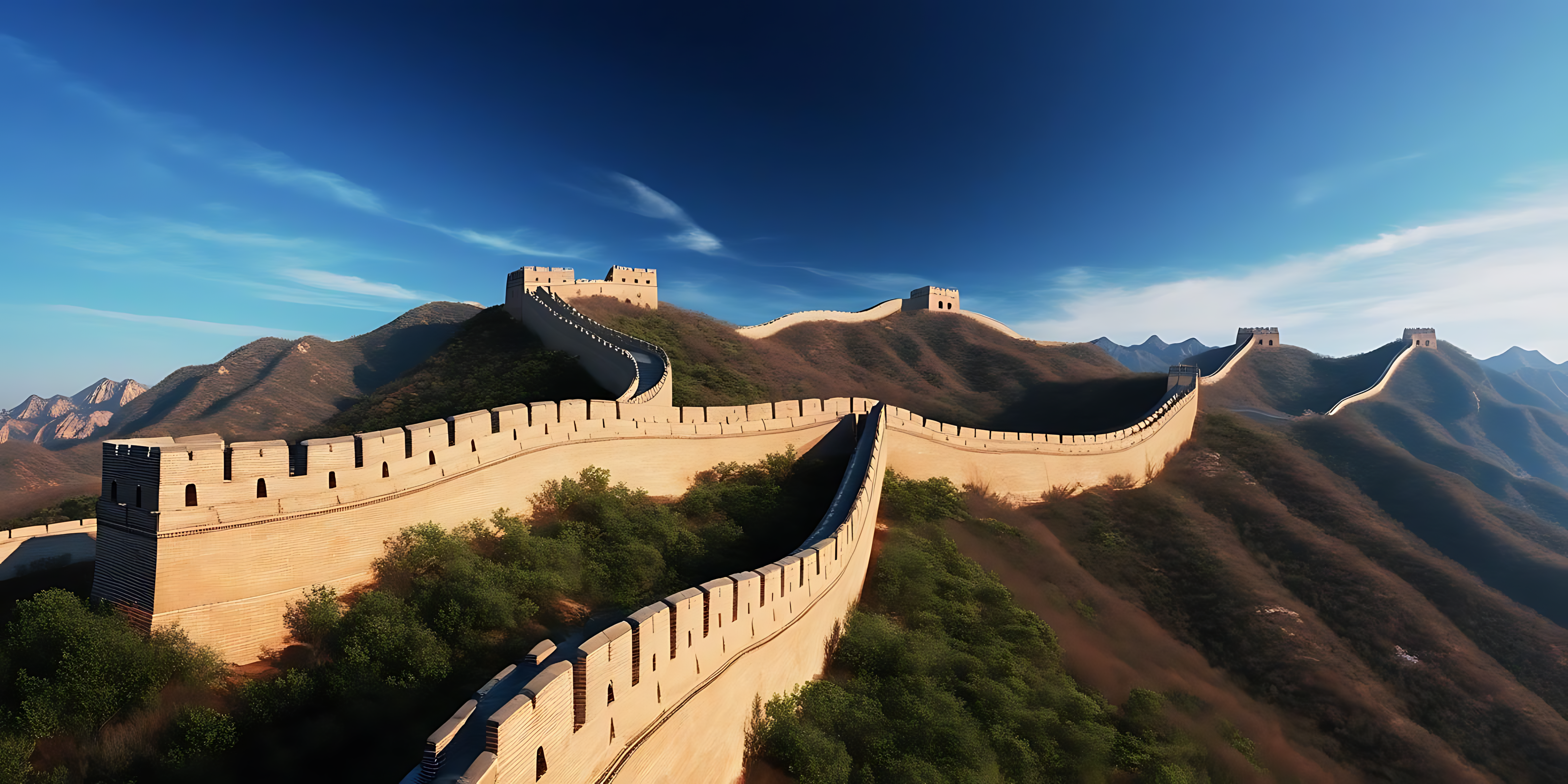 山景 桌布 壁紙 — 長城在陽光普照的山巒間蜿蜒，天空深藍，薄雲點綴。