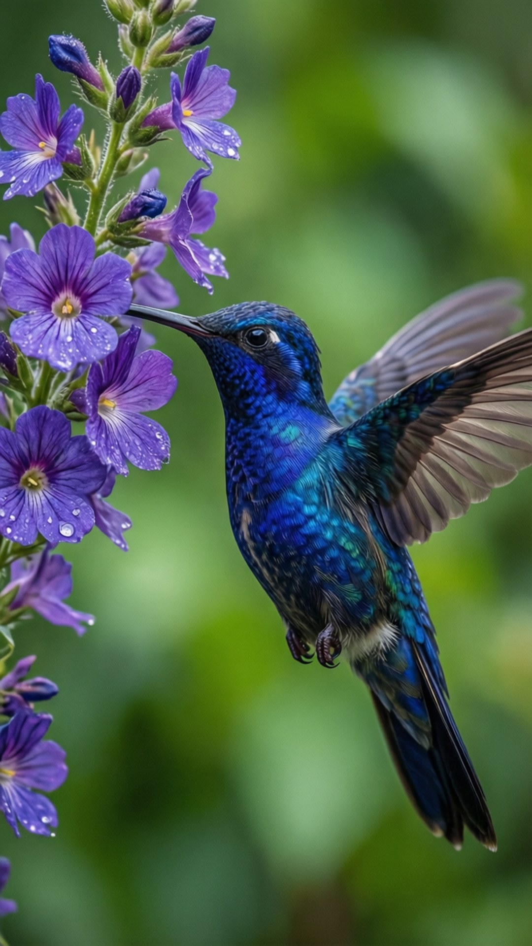 長尾蜂鳥 壁紙 — 一隻充滿活力的藍色蜂鳥在帶有露珠的紫色花朵附近盤旋，背景是柔和的綠色。