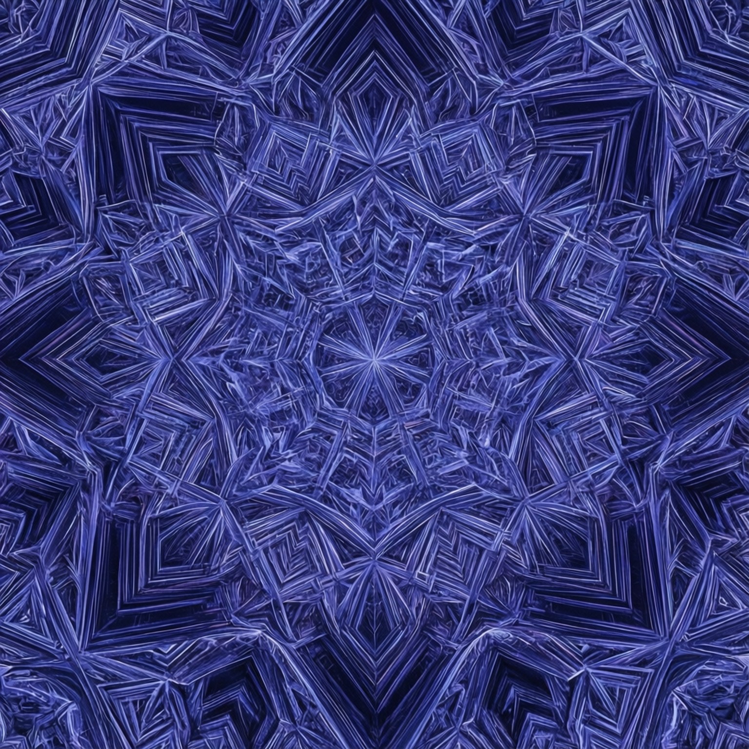 長春花色碎形萬花筒 壁紙 — 一個迷人的數位分形圖案，以深藍色調從中央星爆中輻射出來，具有複雜的幾何對稱性。