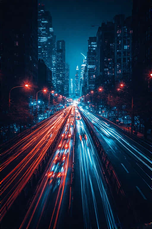 Urban Neon Blues Slow Shutter City Lights at Night 壁紙 — 長時間曝光捕捉到紅色和藍色車燈的條紋，在夜晚穿過高聳的城市。