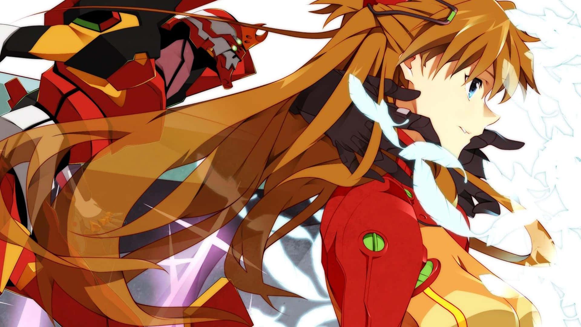 Eva-02 桌布 壁紙 — 長棕色頭髮、身穿紅色服裝的動漫女孩，站在紅色和黑色機甲旁邊，背景為亮白色。