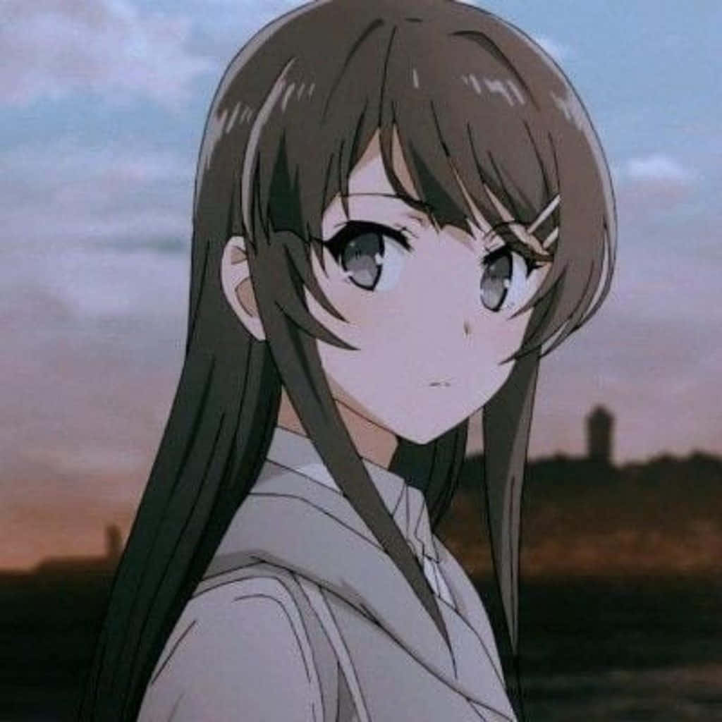可愛動漫頭貼 桌布 壁紙 — 長棕色頭髮的動漫女孩溫柔地凝視著暮色天空，遠處有塔樓剪影。
