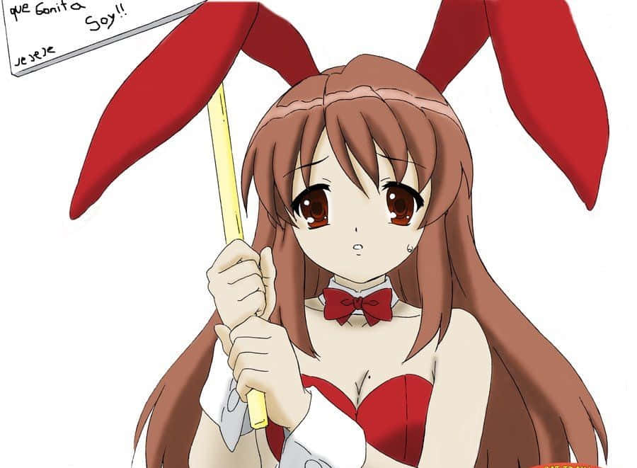 Mikuru Asahina 桌布 壁紙 — 長棕髮、戴紅色兔耳的動漫女孩，在純白背景前拿著一支黃色指揮棒。