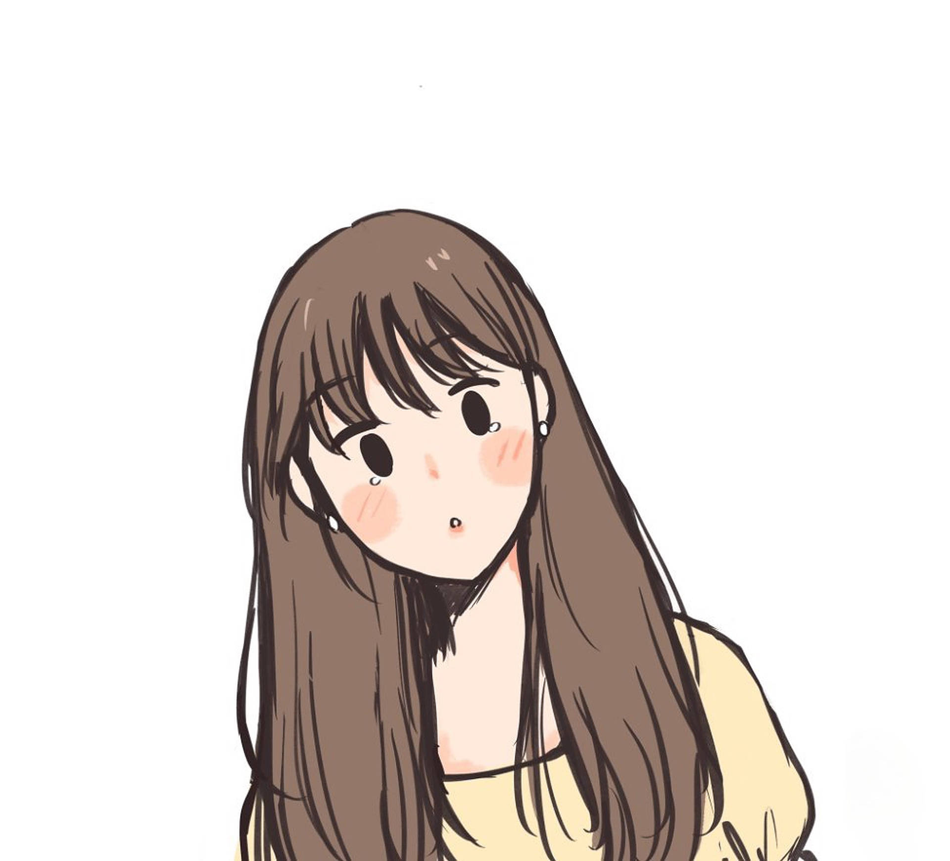 Profile 桌布 壁紙 — 長棕髮、臉頰紅潤的動漫女孩，在純白背景前低頭露出溫柔的表情。