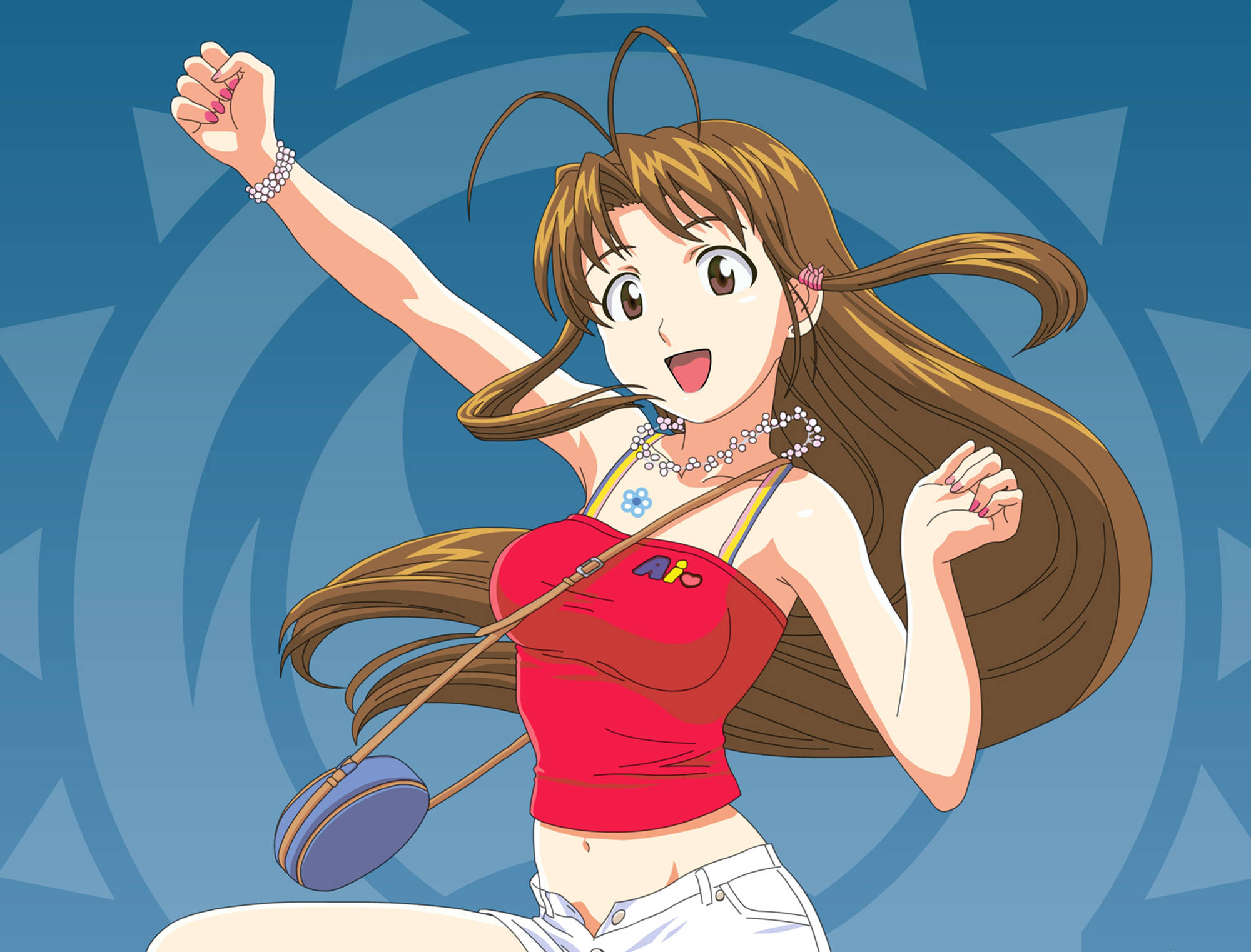 Hina 桌布 壁紙 — 長棕髮動漫女孩，身穿紅色上衣和白色短褲，在藍色幾何背景前快樂地跳舞。