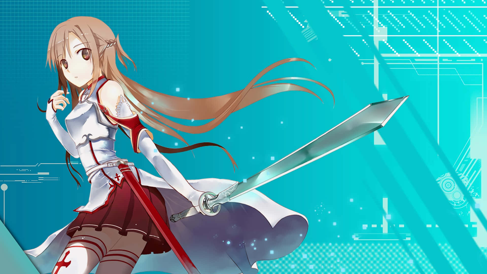 Yuuki Asuna 桌布 壁紙 — 長棕髮動漫女孩在青綠色數位網格背景下揮舞發光劍。