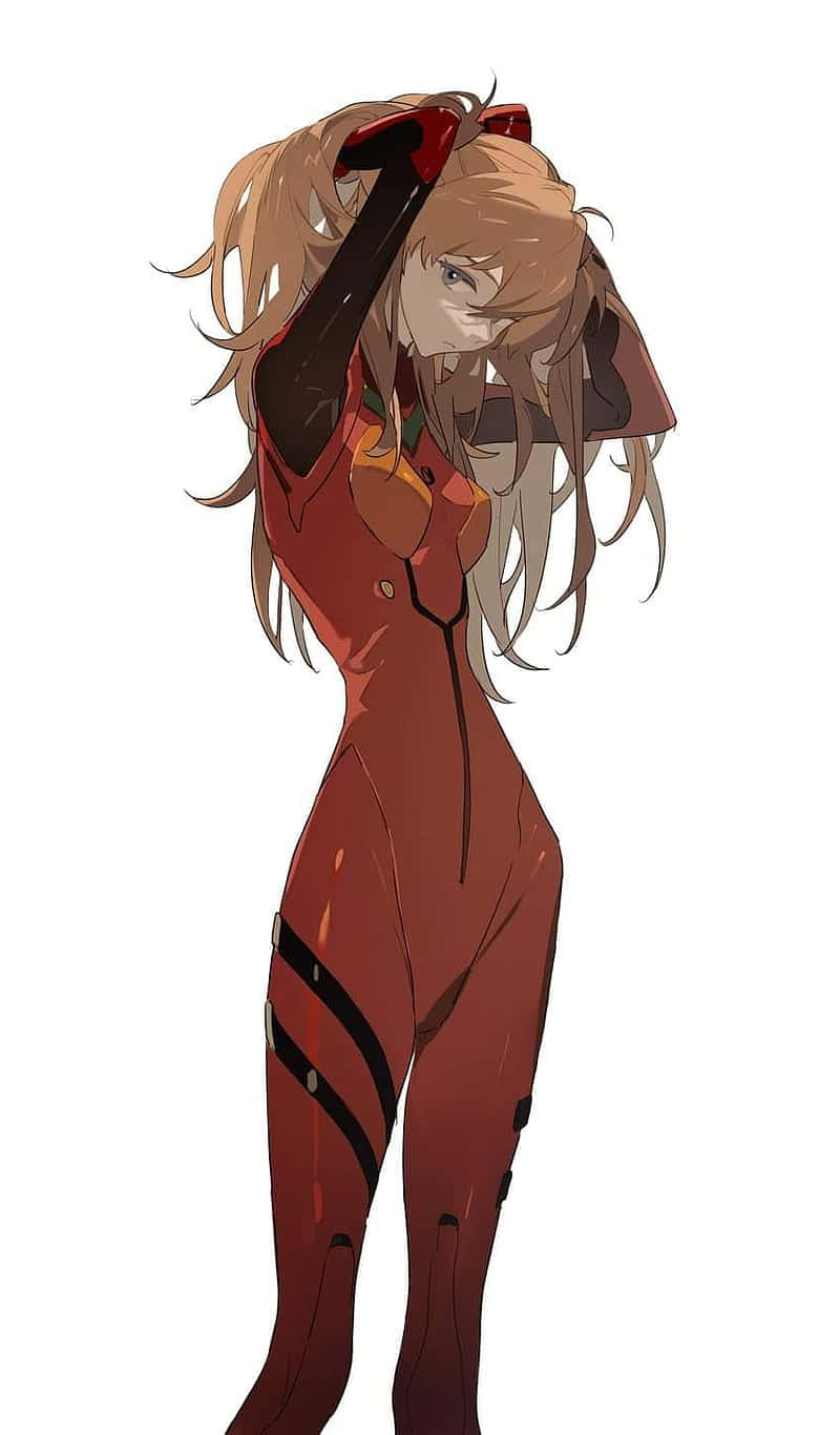nge 桌布 壁紙 — 長棕髮動漫女孩穿著紅色緊身衣，在白色背景前用手托著頭。