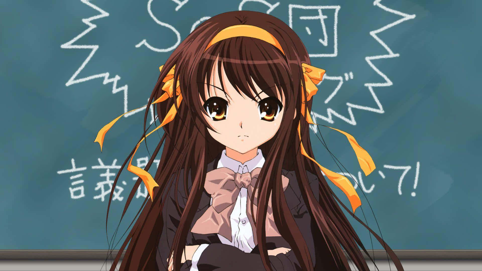 Haruhi Suzumiya 桌布 壁紙 — 長棕髮戴黃色蝴蝶結的動漫女孩站在寫有日文的黑板前。