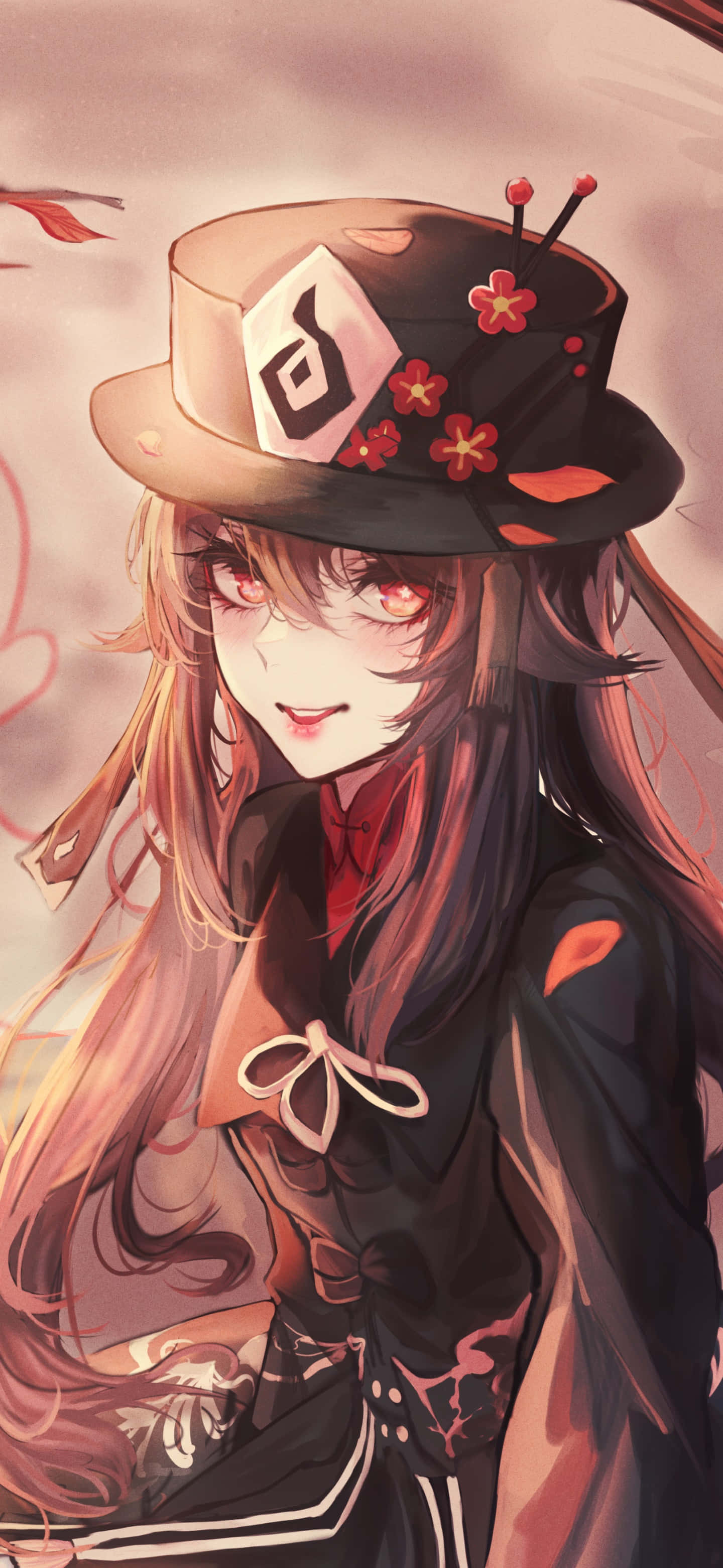 Cool Anime Girl 桌布 壁紙 — 長棕髮紅眼動漫女孩戴著一頂裝飾有櫻花和別針的黑色高頂帽，背景是柔和的粉紅色天空。