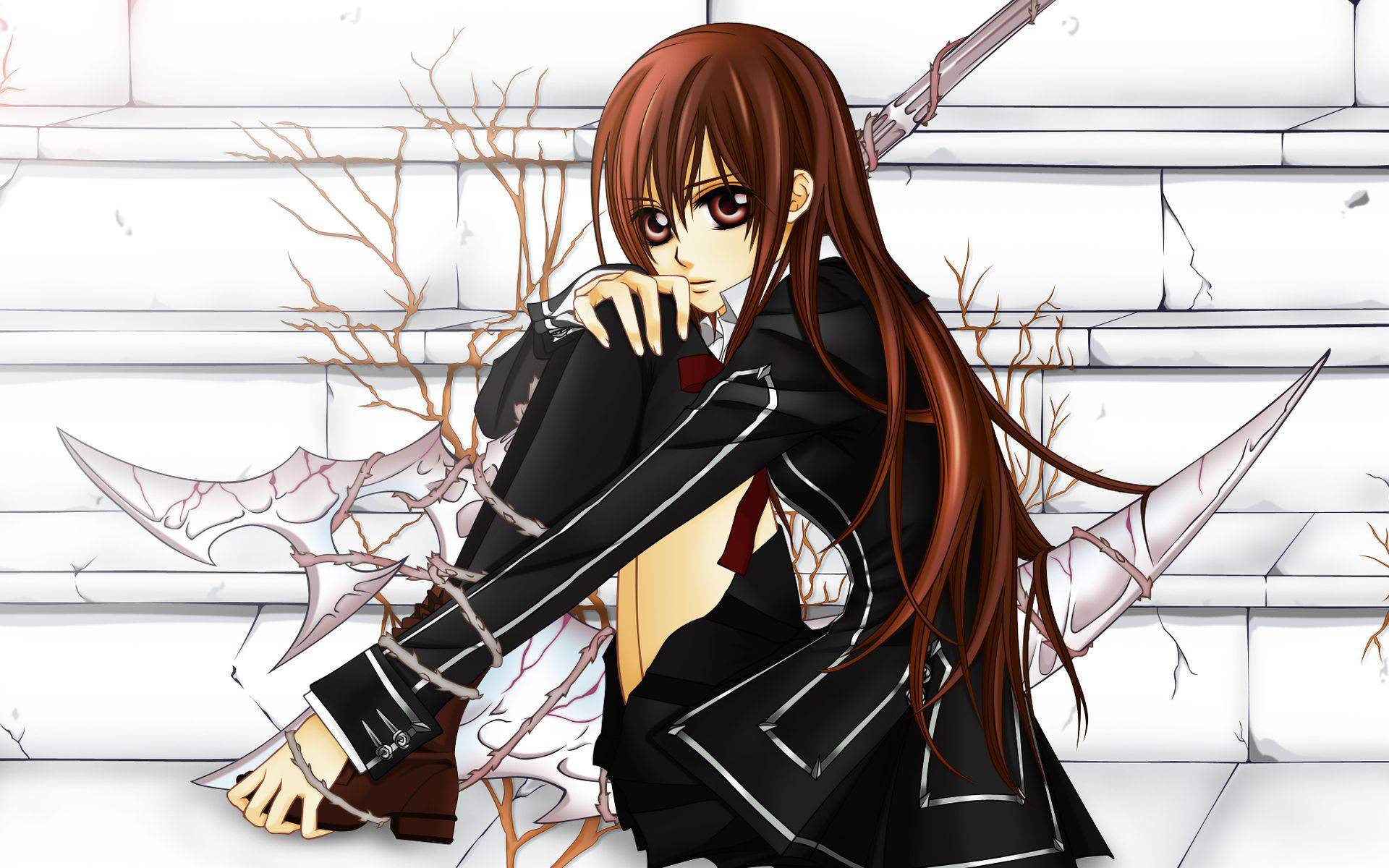 Vampire Knight 桌布 壁紙 — 長棕髮紅眼動漫女孩蹲在破裂的白色石牆旁，手持一把劍。