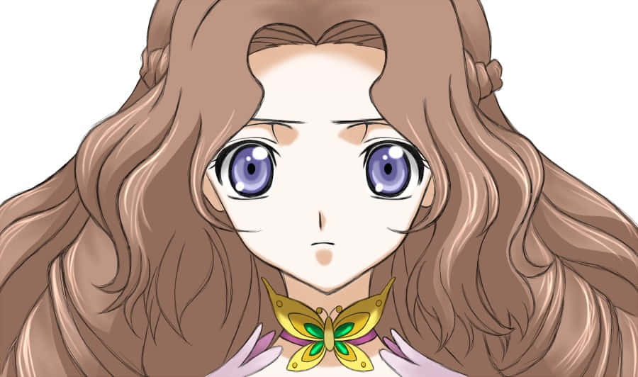 Nunnally Lamperouge 桌布 壁紙 — 長棕髮紫眼動漫女孩戴蝴蝶項鍊，背景為純白色。