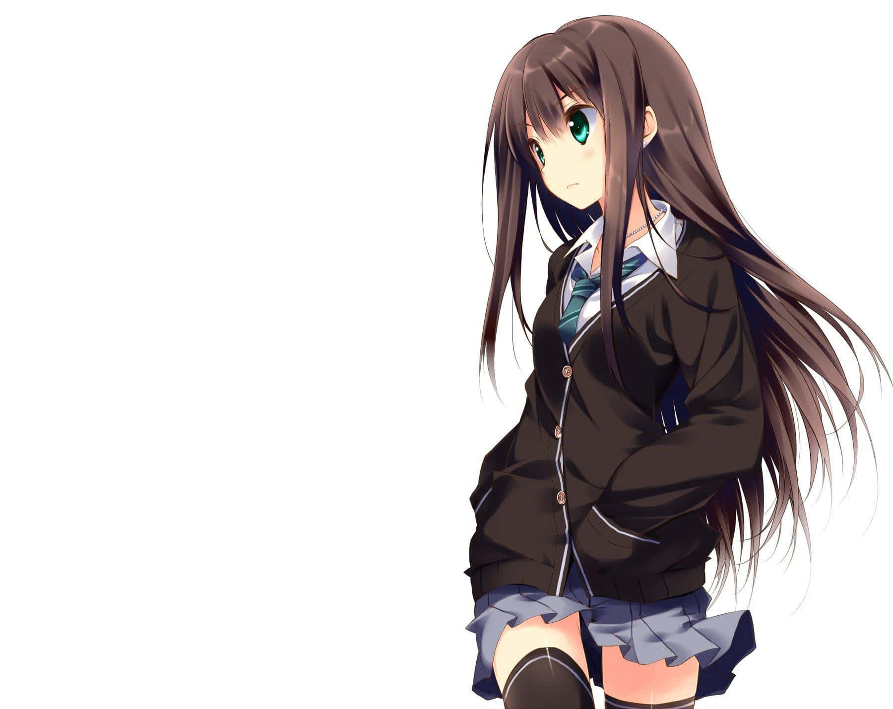 動漫角色 桌布 壁紙 — 長棕髮綠眼的動漫女孩，身穿校服，背景為純白色。