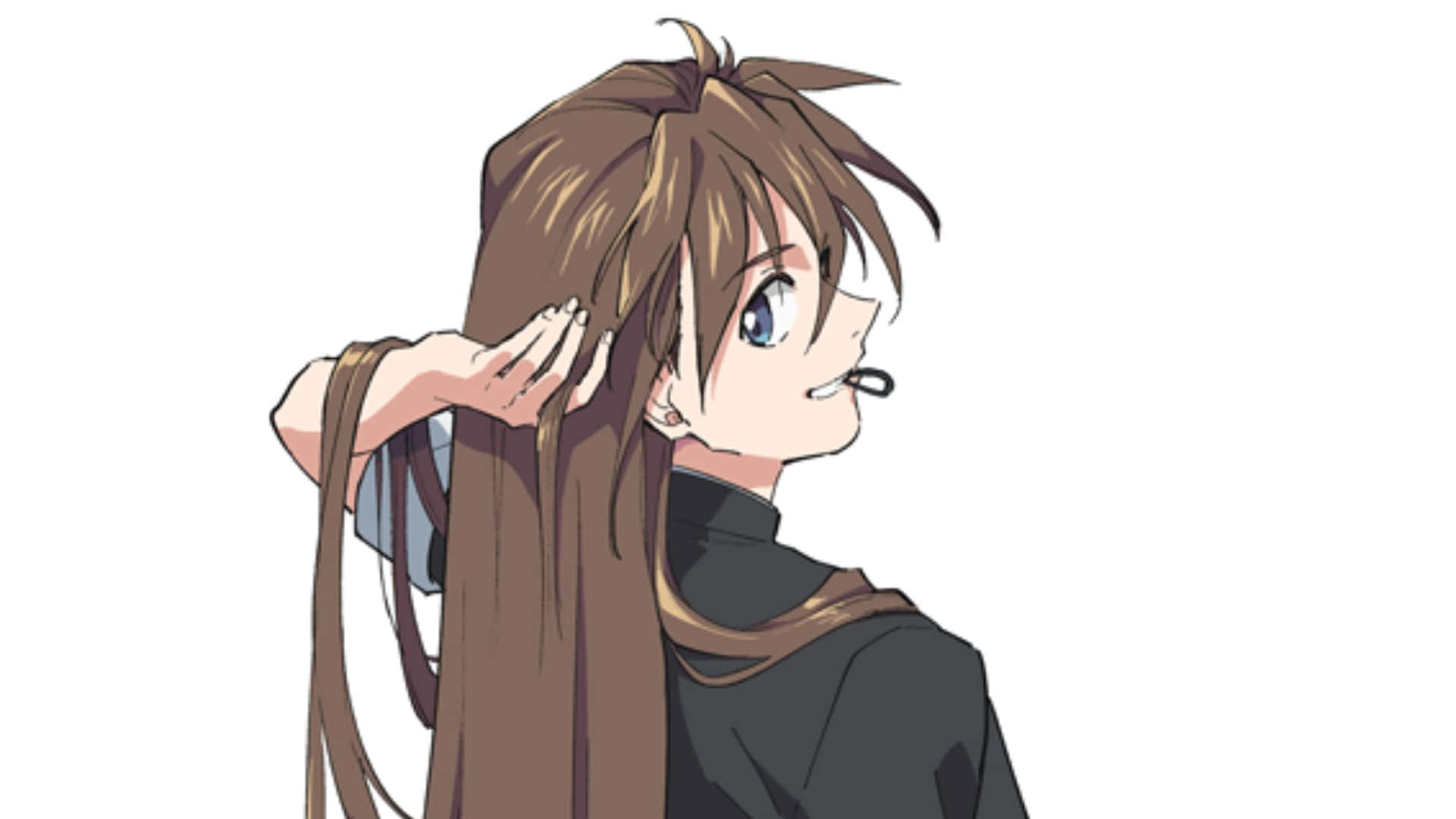 Duo Maxwell 桌布 壁紙 — 長棕髮藍眼動漫女孩在純白背景上輕柔觸碰自己的頭髮。