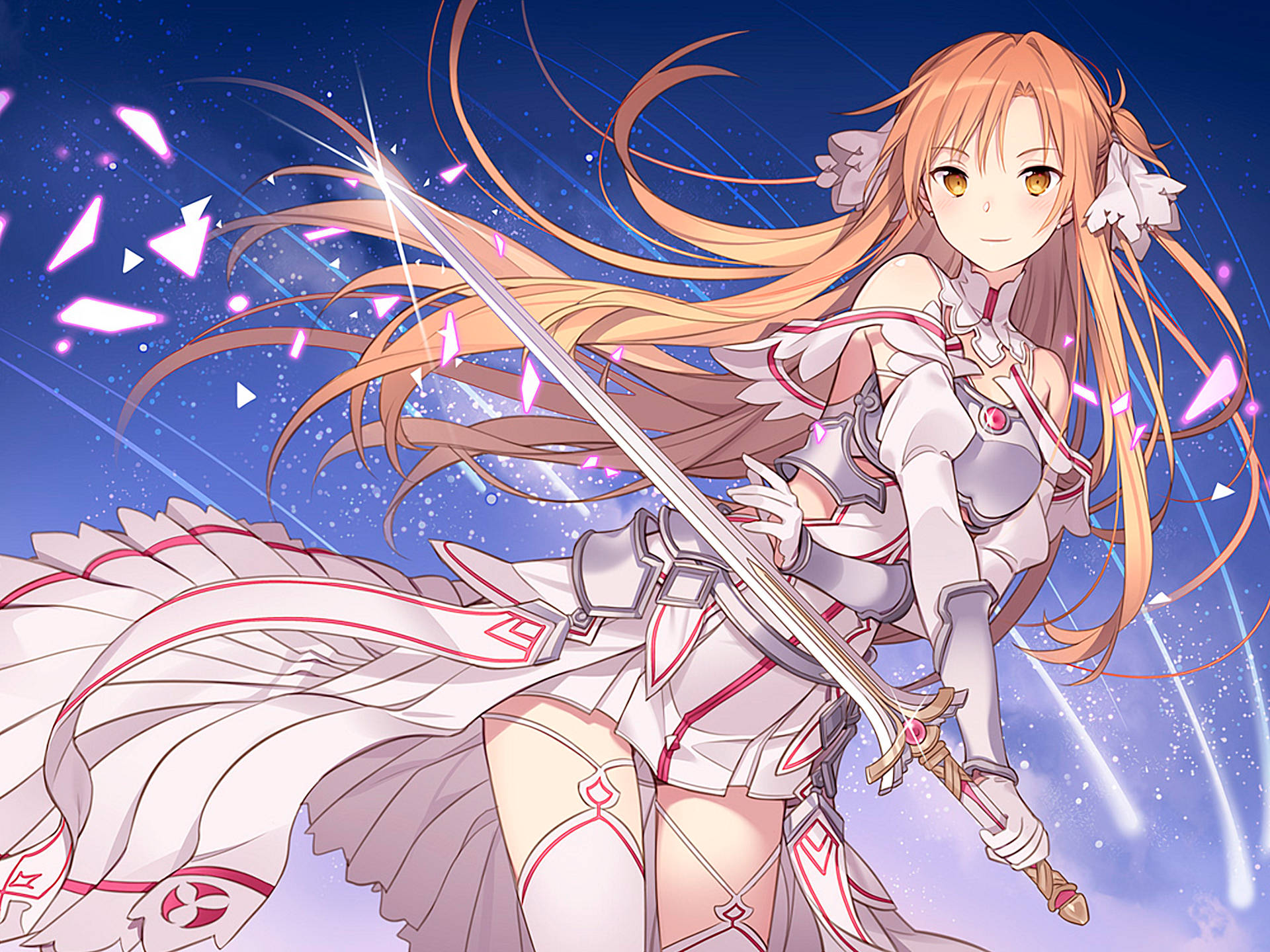 HD Art 桌布 壁紙 — 長橙色頭髮的動漫女孩在星光宇宙背景下揮舞發光劍，粉紅色碎片飛舞。