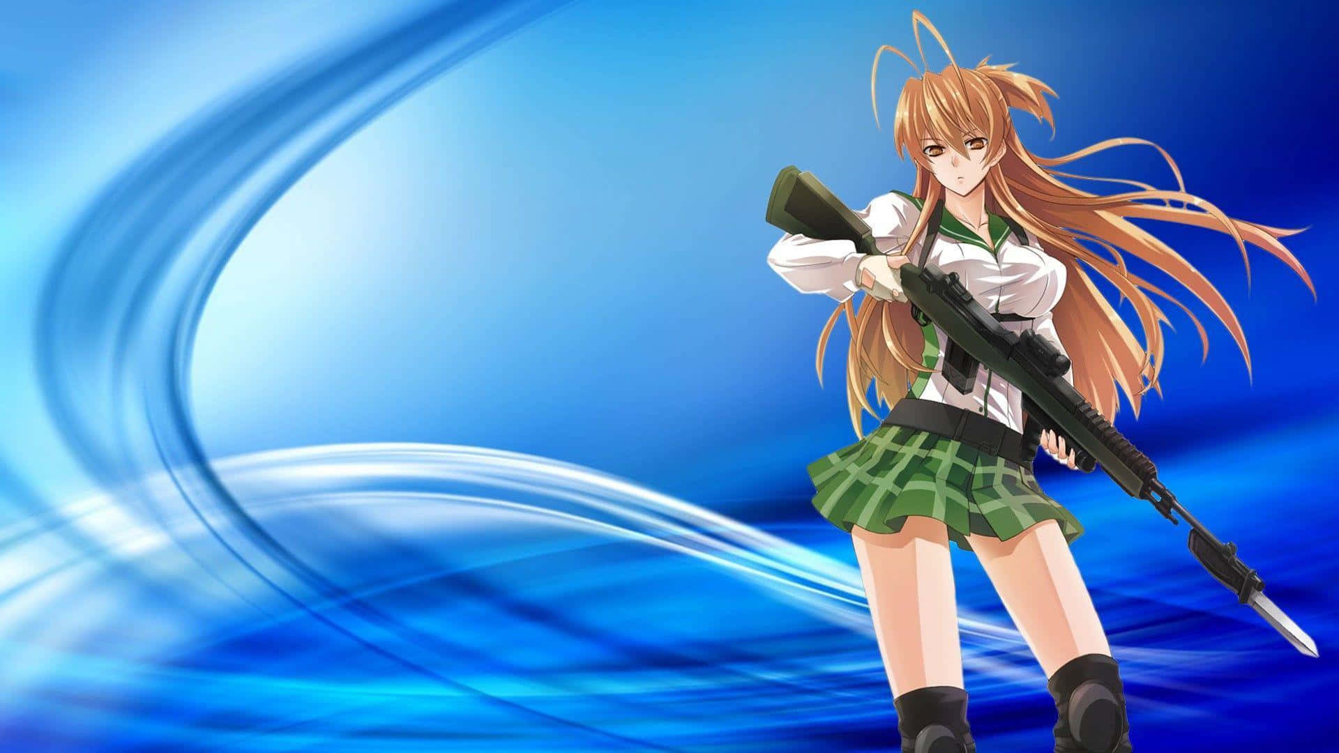 Highschool Of The Dead 桌布 壁紙 — 長橙色頭髮的動漫女孩穿著校服，對著旋轉的藍色抽象背景拿著步槍。