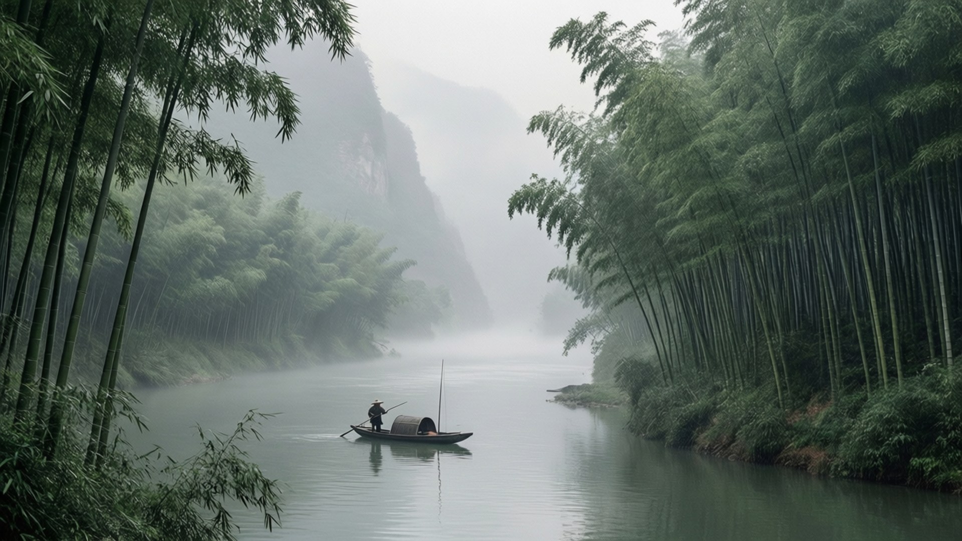 長江薄霧 壁紙 — 一位孤獨的漁夫划著小船，穿過霧氣瀰漫、兩旁種滿竹子的河流，兩旁是高聳的綠色竹竿和遠山。