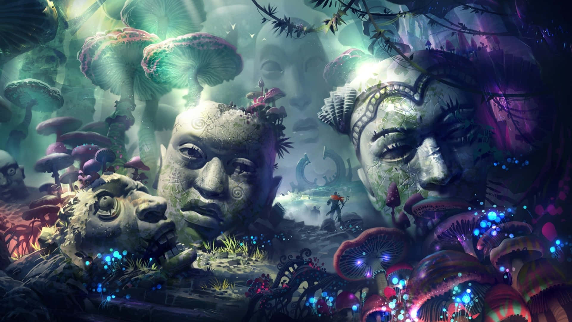 Trippy Mushroom 桌布 壁紙 — 長滿苔蘚的巨型石臉從充滿發光蘑菇和生物發光植物的神秘森林中浮現。