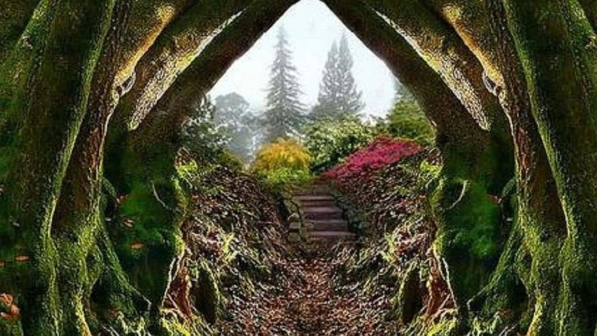 Enchanted Garden 桌布 壁紙 — 長滿苔蘚的樹拱門框住一條石徑，穿過迷霧森林，沿途有色彩繽紛的花朵和高大的松樹。