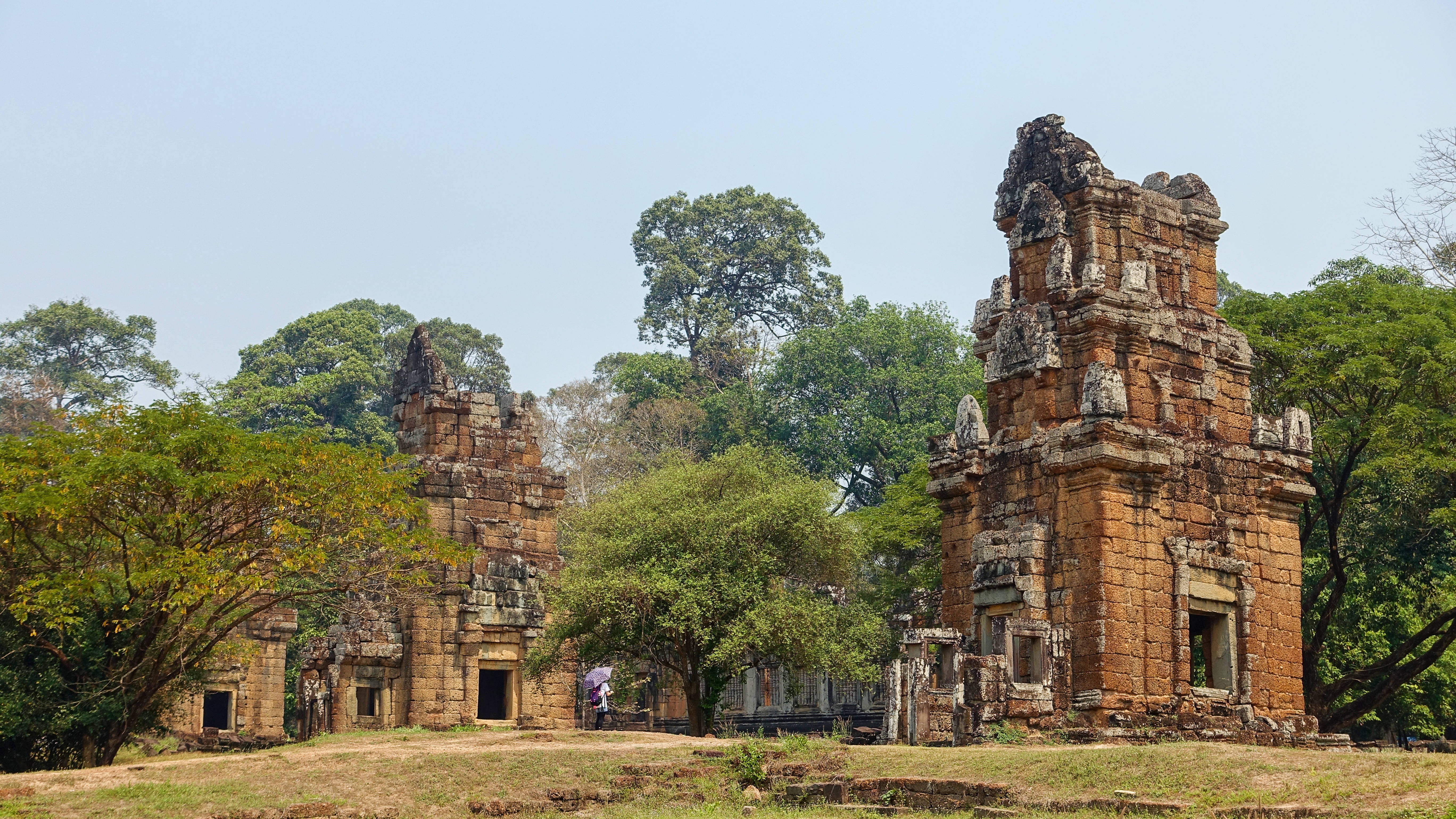 Cambodia 桌布 壁紙 — 長滿青苔的古老石廟遺址矗立在茂密的綠樹叢中，上方是清澈的藍天。