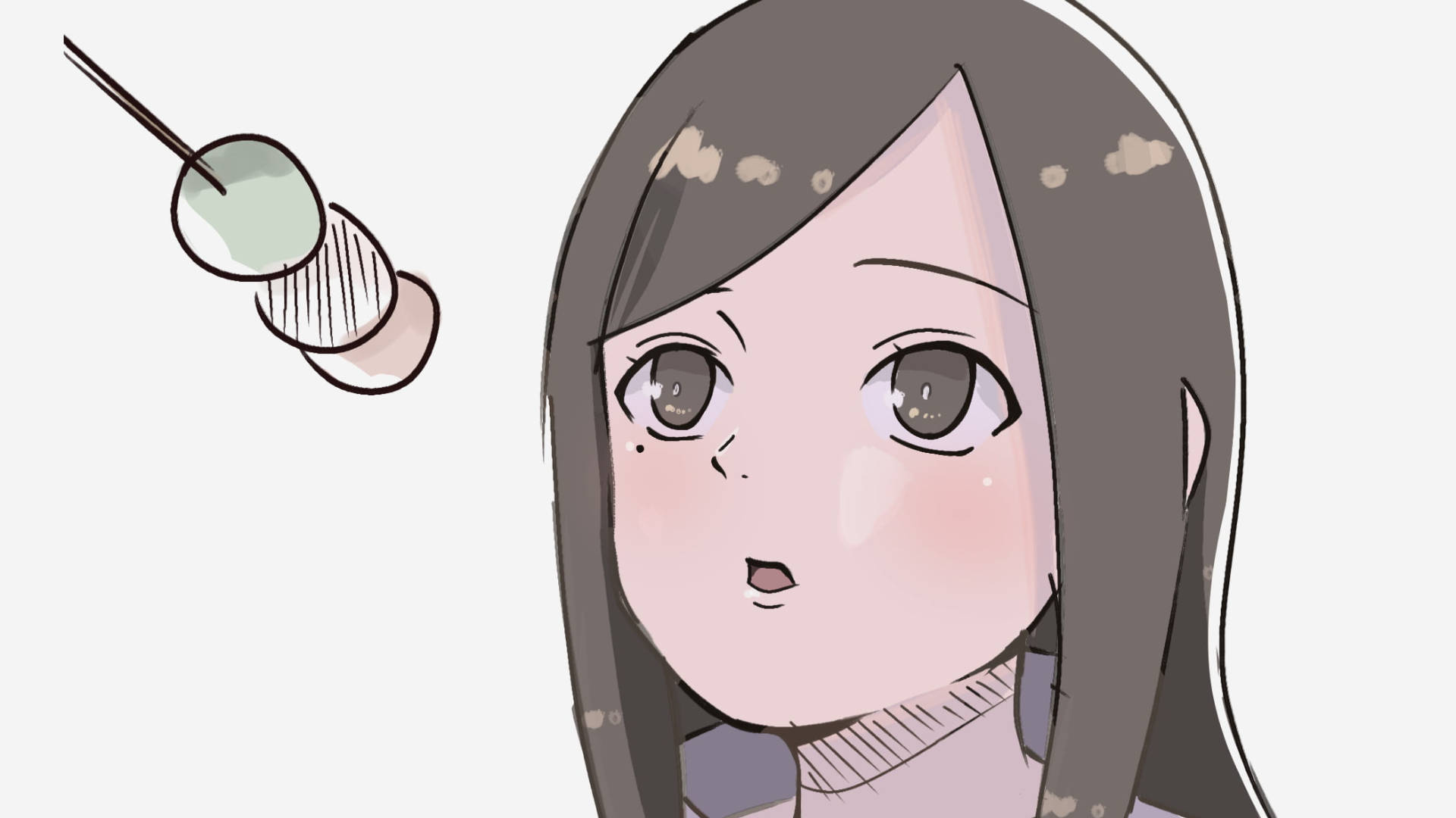 izumi uchiha 桌布 壁紙 — 長灰髮的動漫女孩看起來很驚訝，因為一串餃子漂浮在她臉附近。