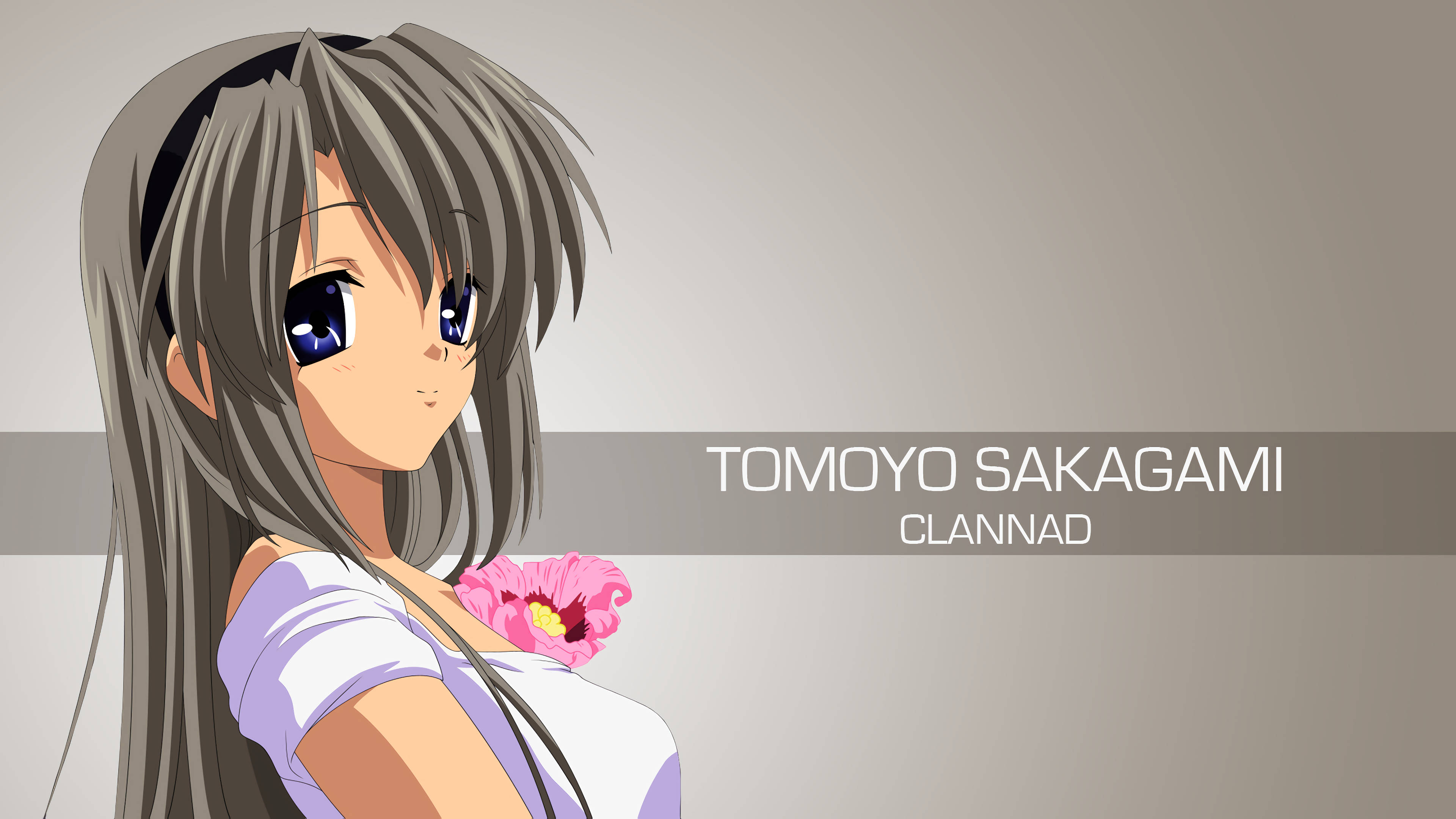Clannad 桌布 壁紙 — 長灰髮藍眼動漫少女在柔和灰色背景前手持粉紅花朵。
